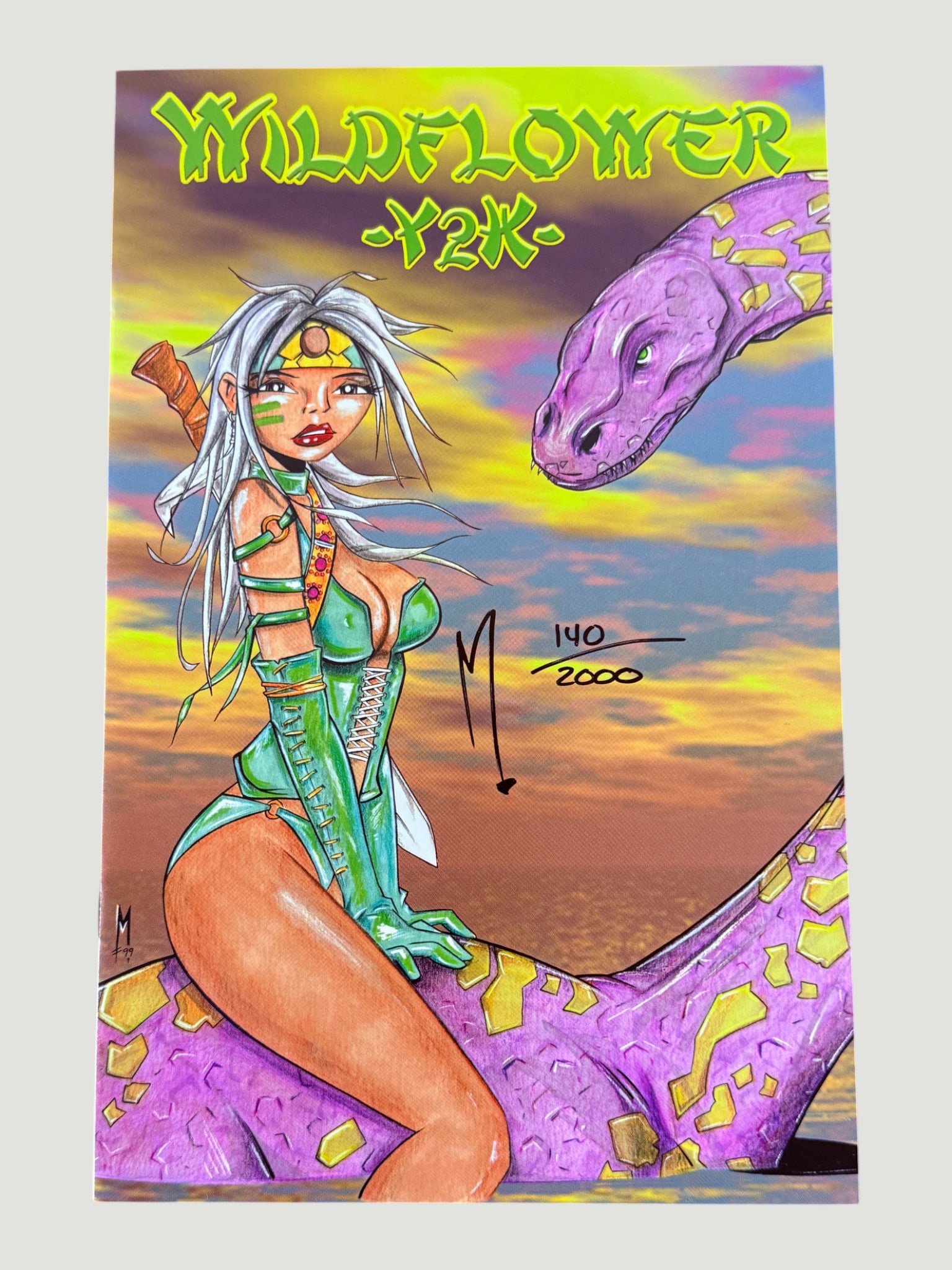 Wildflower Y2K Comic #140/2000 Signed Limited Edition w/ Large Snake Cover Art: A limited edition numbered copy of Wildflower Y2K, numbered 140 out of a print run of 2000, featuring a striking cover illustration of a warrior woman with white hair in green armor alongside a large 