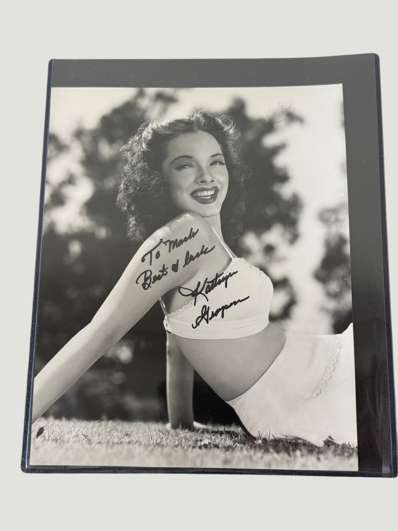 Vintage Hollywood Signed 8x10 B&W Publicity Photo — Personalised Autograph: A vintage black and white 8x10 inch promotional/publicity photograph featuring a smiling young woman in a classic 1940s-era pose, wearing a midriff-baring top. The photo bears a personalised inscripti