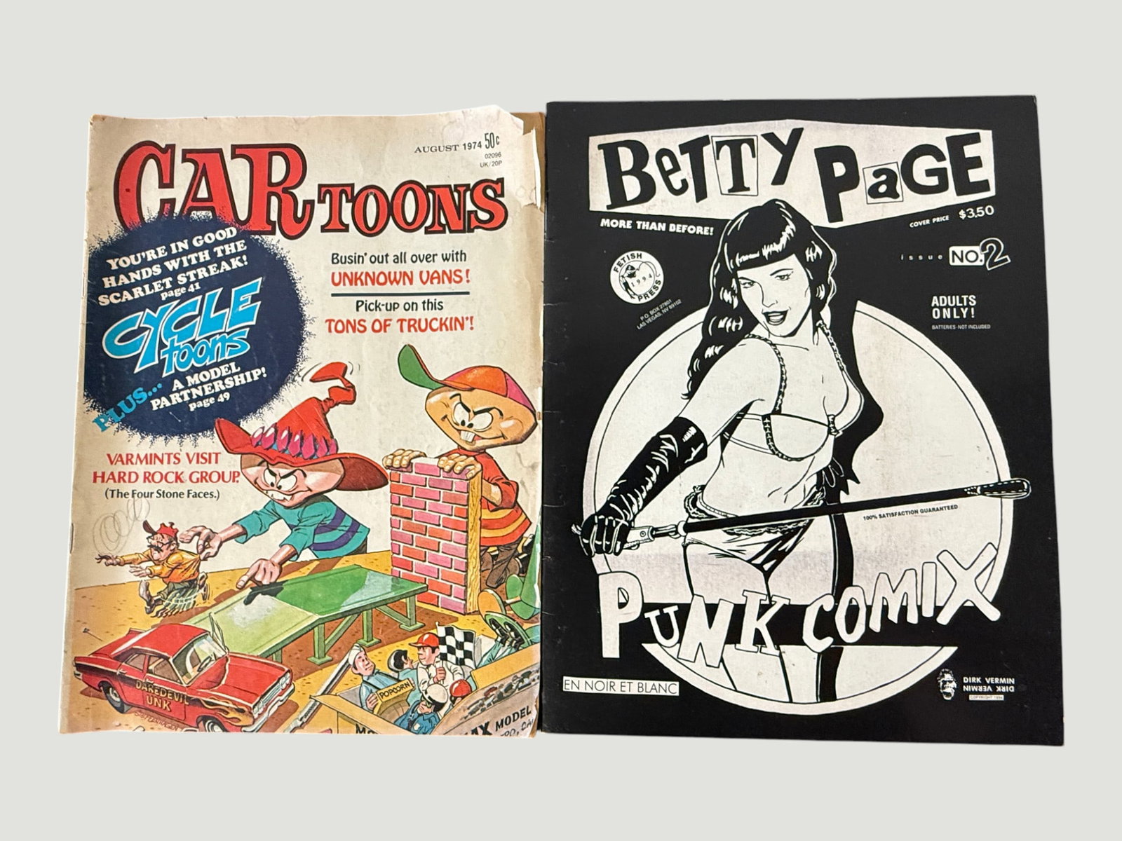 CARtoons Magazine Aug 1974 & Betty Page Punk Comix No.2 Fetish Press — Pair (1 of 2)