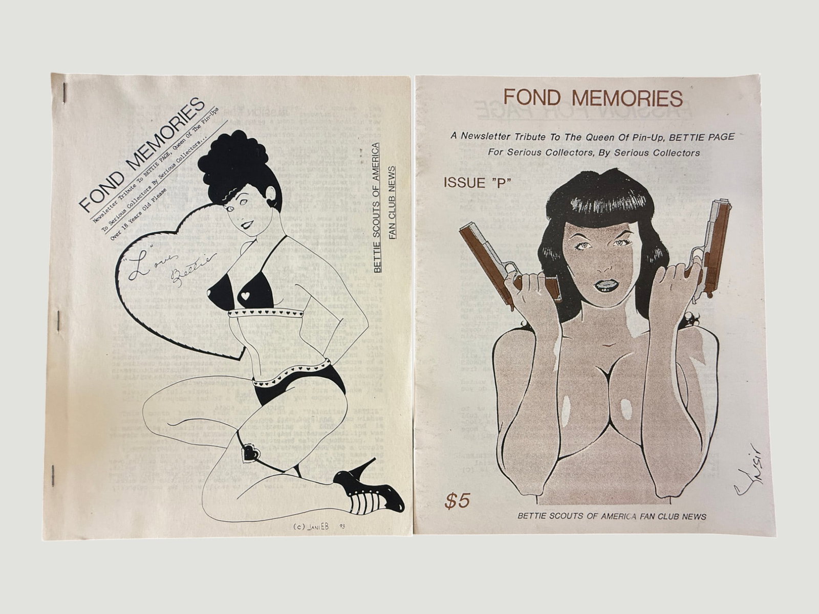 Fond Memories Bettie Page Fan Club Newsletter Issues, Bettie Scouts of America 1993: Two issues of 'Fond Memories,' a collector-focused newsletter tribute to Bettie Page, Queen of Pin-Up, published by the Bettie Scouts of America Fan Club. The left issue features cover art by JaniEB d