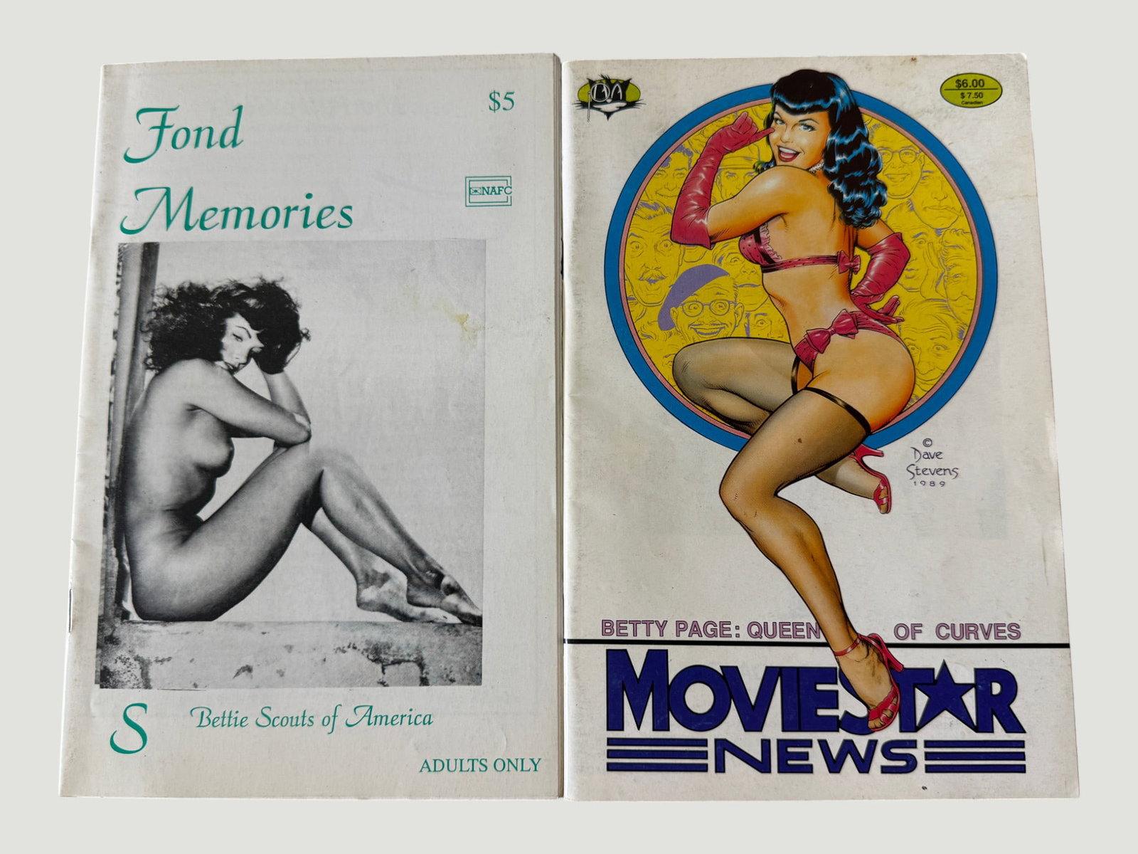 Bettie Page Publications: Movie Star News & Fond Memories Bettie Scouts of America: A pair of Bettie Page themed collectible publications: 'Movie Star News – Betty Page: Queen of Curves' featuring a striking cover illustration by acclaimed artist Dave Stevens dated 1989, priced at 