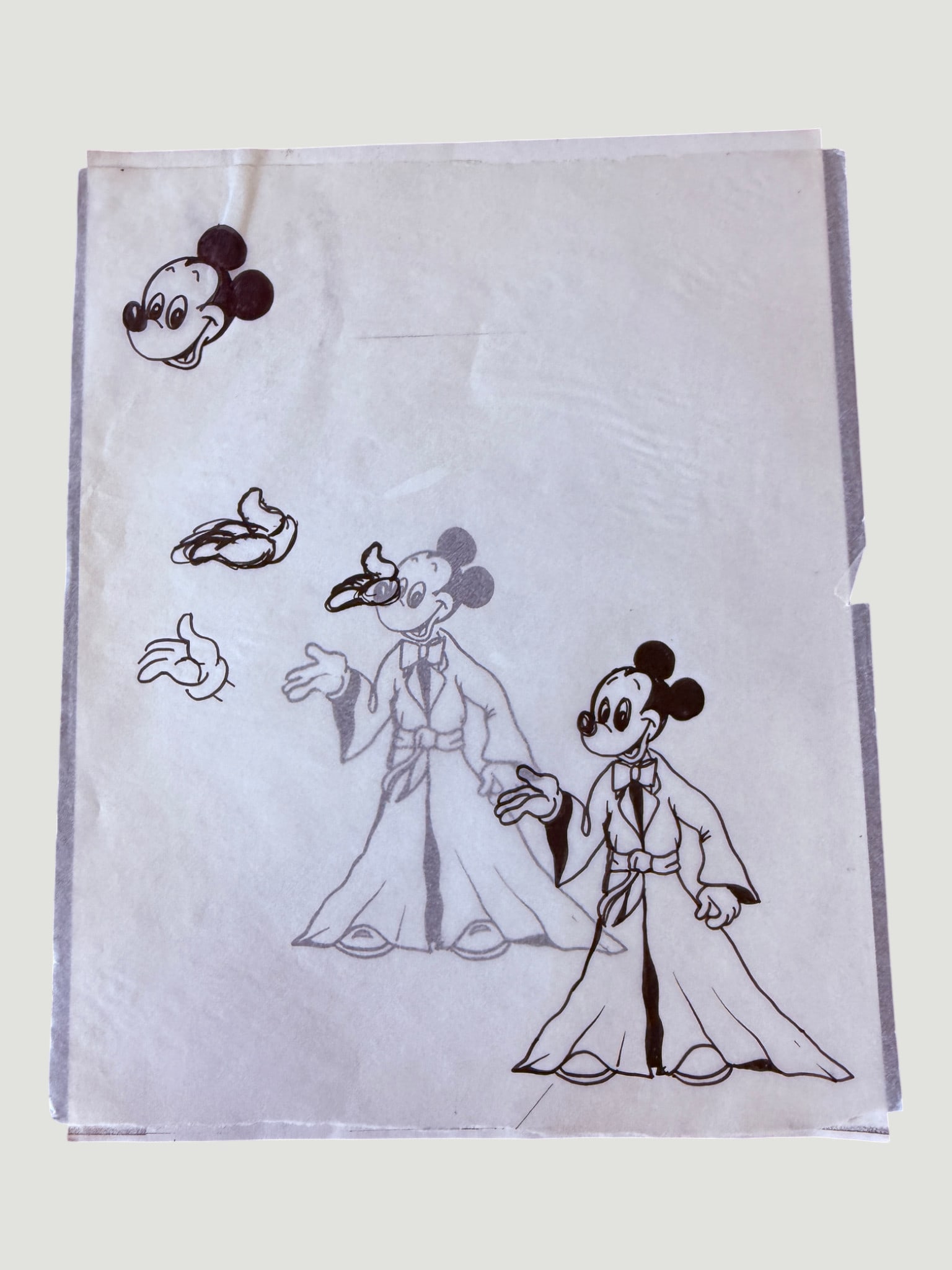 Walt Disney Mickey Mouse Original Animation Production Drawing Sketch Art: A hand-drawn animation production sketch on translucent paper featuring Mickey Mouse characters dressed in formal robes or ceremonial attire, consistent with mid-20th century Disney studio production 