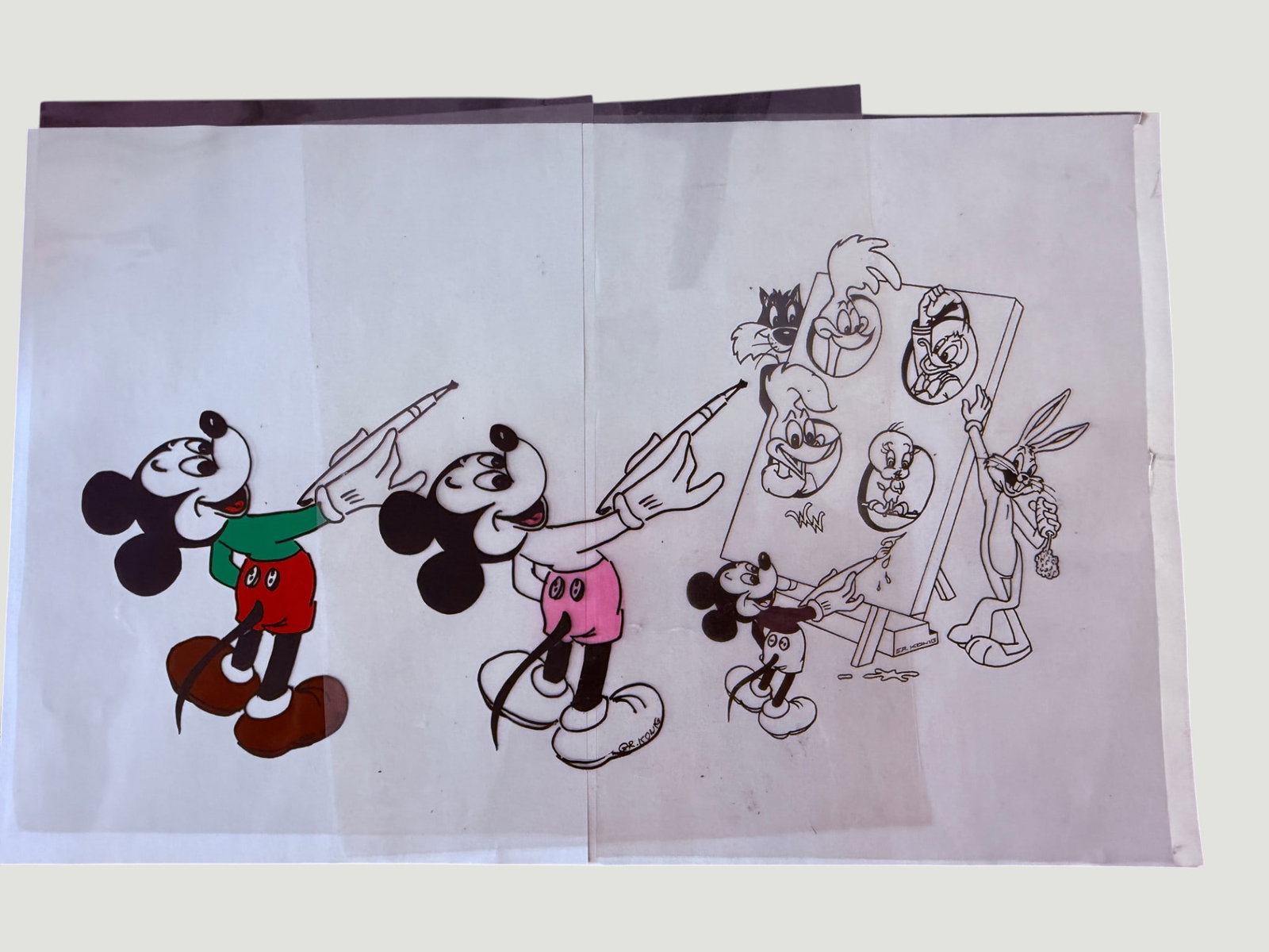 Original Disney/Looney Tunes Mixed Character Hand-Coloured Cartoon Artwork: A hand-drawn and partially hand-coloured original cartoon artwork on paper depicting multiple iconic animated characters including Mickey Mouse (shown in three evolutionary poses holding drawing pens)