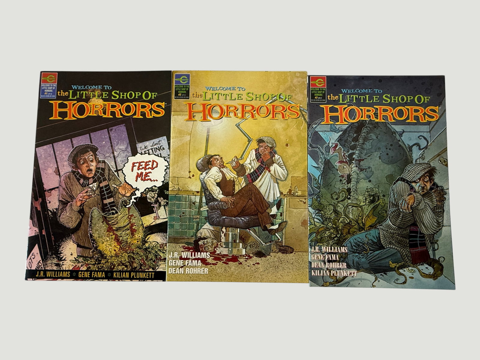Welcome to the Little Shop of Horrors #1-3 Complete Comic Set, Catalan Communications: A complete three-issue run of 'Welcome to the Little Shop of Horrors' (#1, #2, and #3), published by Catalan Communications. The series is written by J.R. Williams with art by Gene Fama, Dean Rohrer,