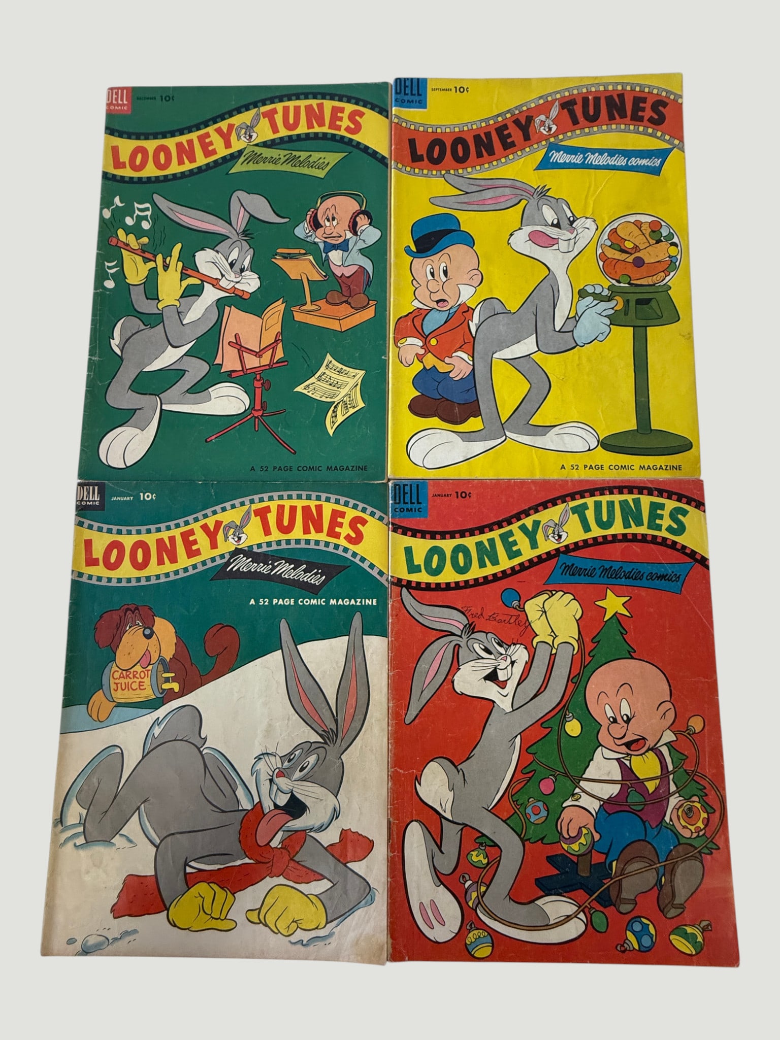 Dell Looney Tunes & Merrie Melodies Comics, Lot of 4 Issues, 1950s: A collection of four Dell Comics 'Looney Tunes and Merrie Melodies' comic magazines, each priced at 10 cents and comprising 52 pages. Published by Dell during the early-to-mid 1950s, the issues featur