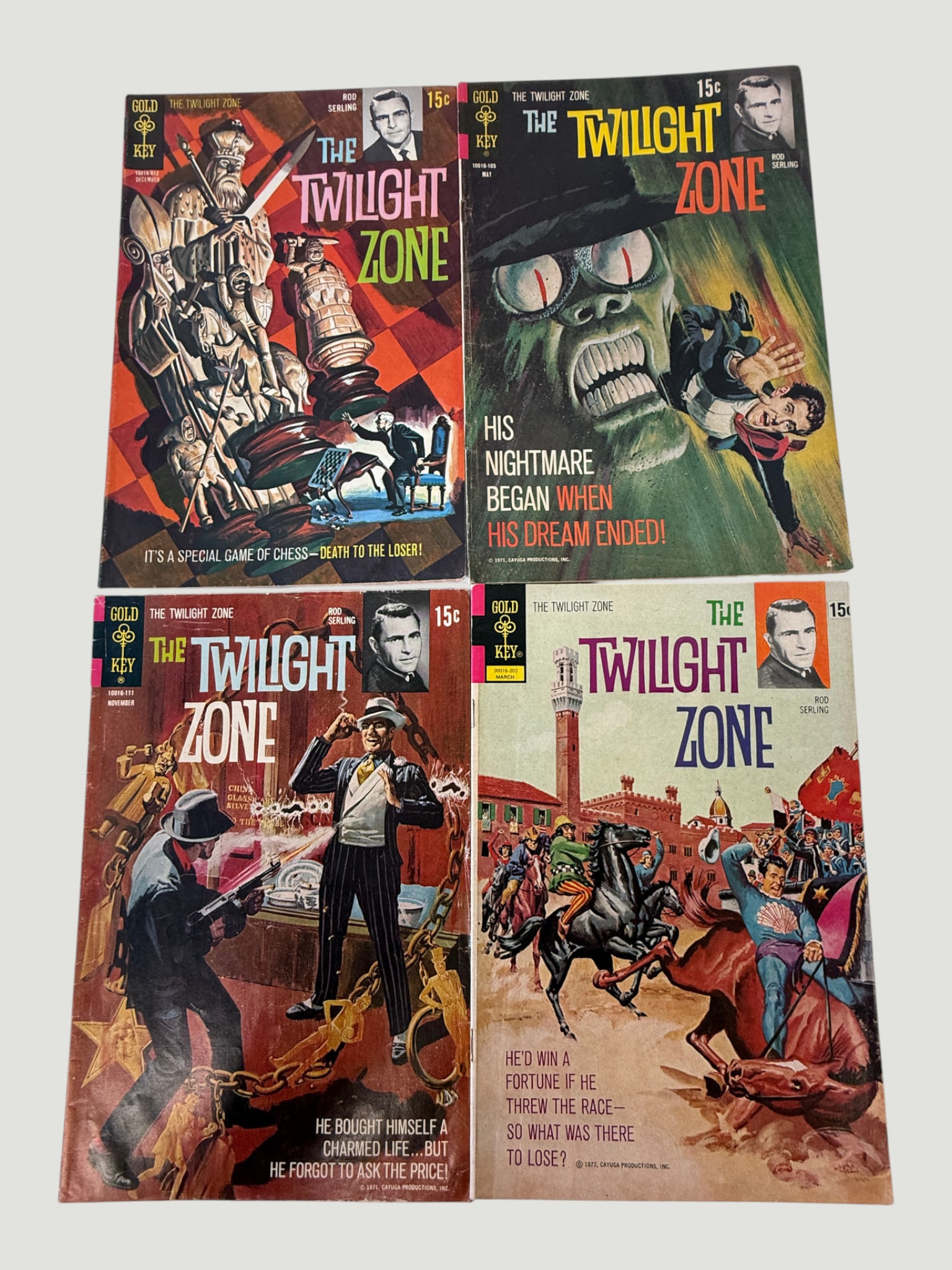 The Twilight Zone Gold Key Comics x4 | Rod Serling | 1971-1972 | 15¢ Issues: A collection of four Gold Key Comics editions of 'The Twilight Zone,' based on Rod Serling's iconic television series, each priced at 15 cents and dating from approximately 1971-1972. Each cover featu