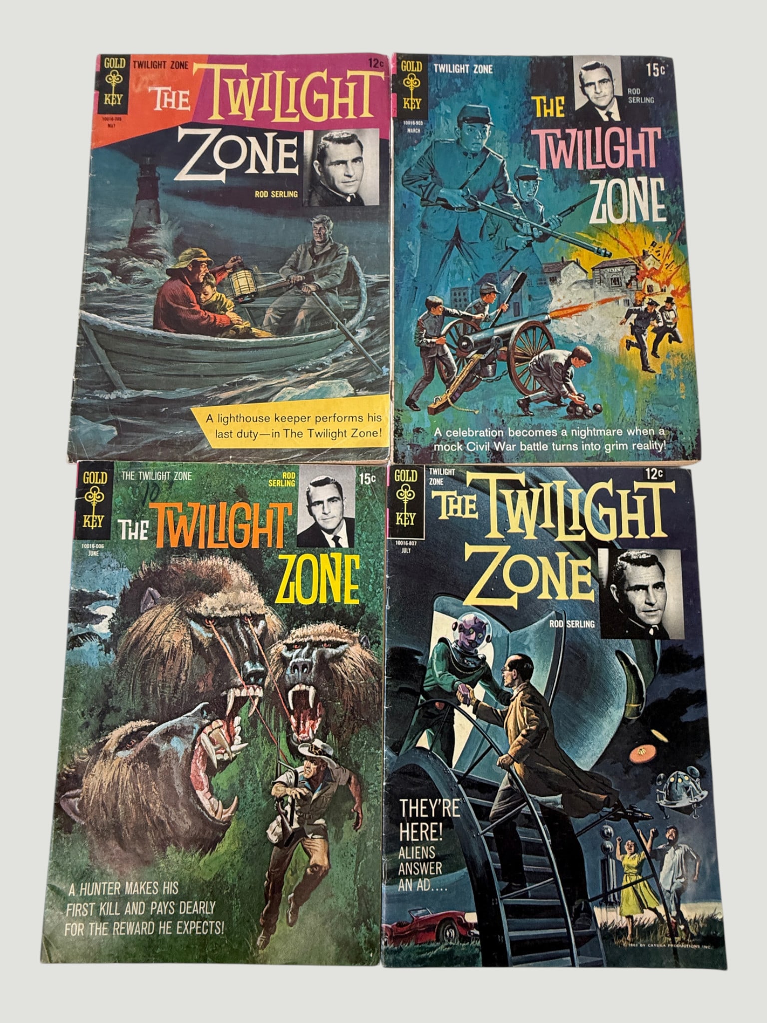 The Twilight Zone Gold Key Comics x4, Rod Serling, 1960s Vintage Issues: A collection of four Gold Key Comics issues of 'The Twilight Zone,' based on Rod Serling's iconic television series, published during the 1960s. Each cover features a small portrait photograph of Rod 