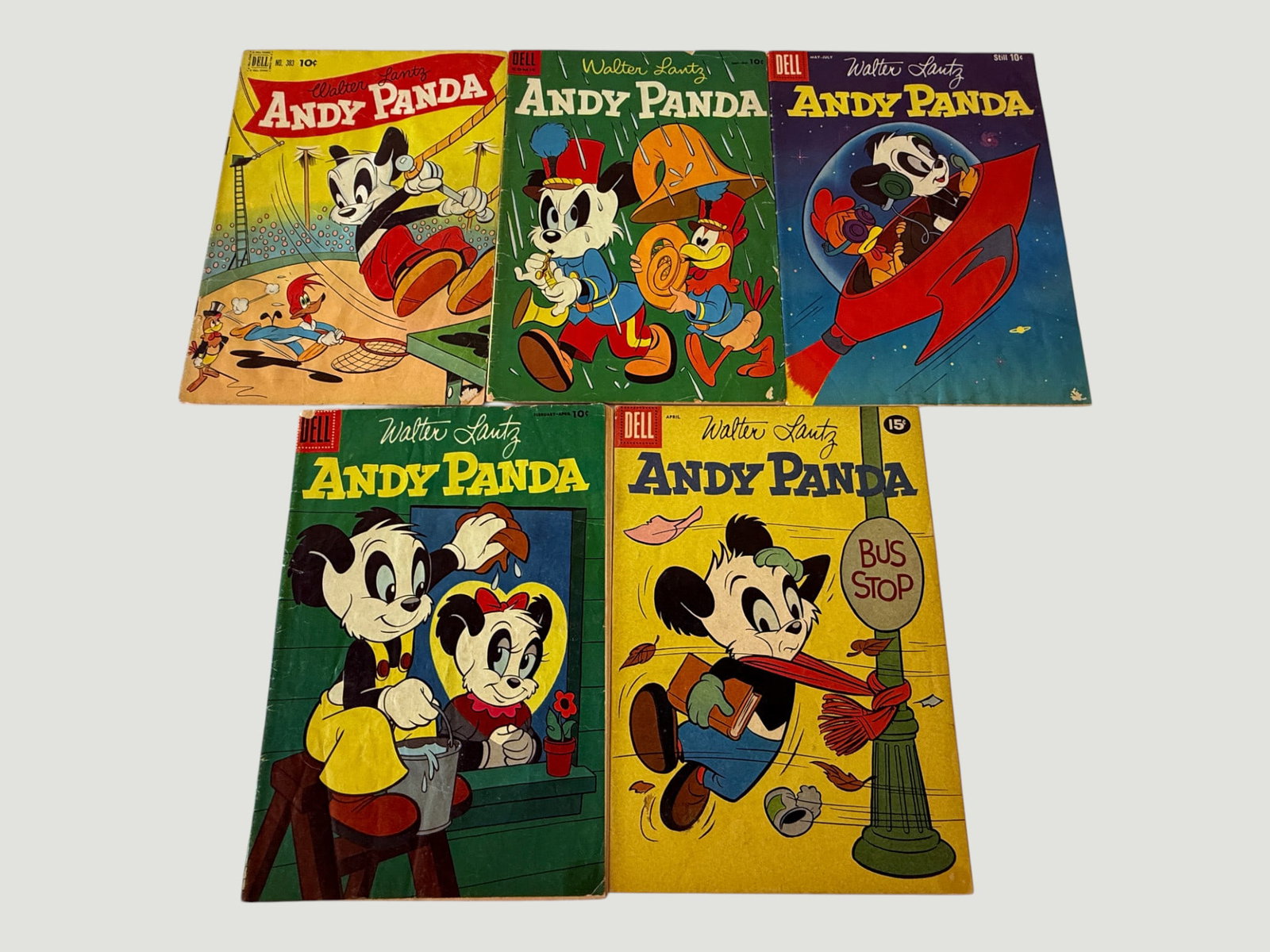 Walter Lantz Andy Panda Dell Comics Collection — 5 Issues, 1950s–1960s: A collection of five Walter Lantz 'Andy Panda' comic books published by Dell Comics, spanning approximately the mid-1950s to early 1960s. Issues feature colorful cover art depicting Andy Panda in