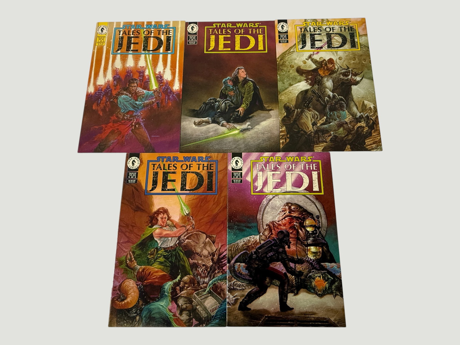 Star Wars: Tales of the Jedi #1-5 Complete Set, Dark Horse Comics 1993: A complete 5-issue run of Star Wars: Tales of the Jedi (issues 1 through 5 of 5), published by Dark Horse Comics in 1993. Written by Tom Veitch with artwork by Chris Gossett and art covers by Dave Dor