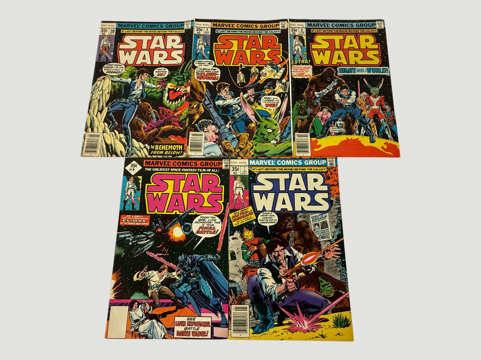 Marvel Comics Star Wars Issues #6, #7, #8, #9, #10 (1977) Complete Run Set: A consecutive five-issue run of Marvel Comics' original Star Wars series, comprising issues #6 through #10, published between January and May 1977. These early post-movie adaptation issues feature sto