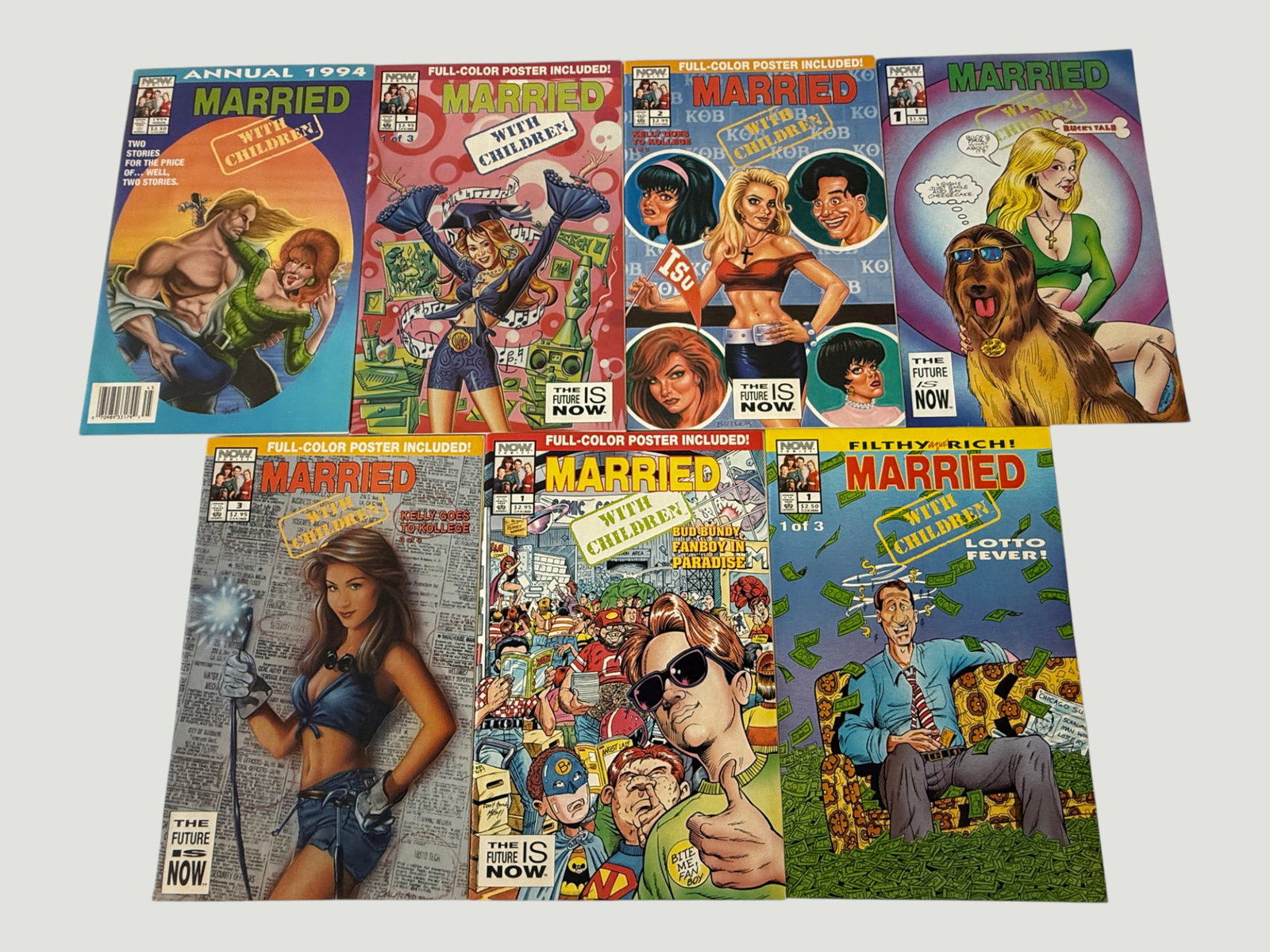 Married With Children Comic Book Lot x7 — NOW Comics 1990s Various Issues: A collection of seven 'Married with Children' comic books published by NOW Comics in the early-to-mid 1990s, based on the popular Fox television sitcom. The lot includes the Annual 1994, multiple mini