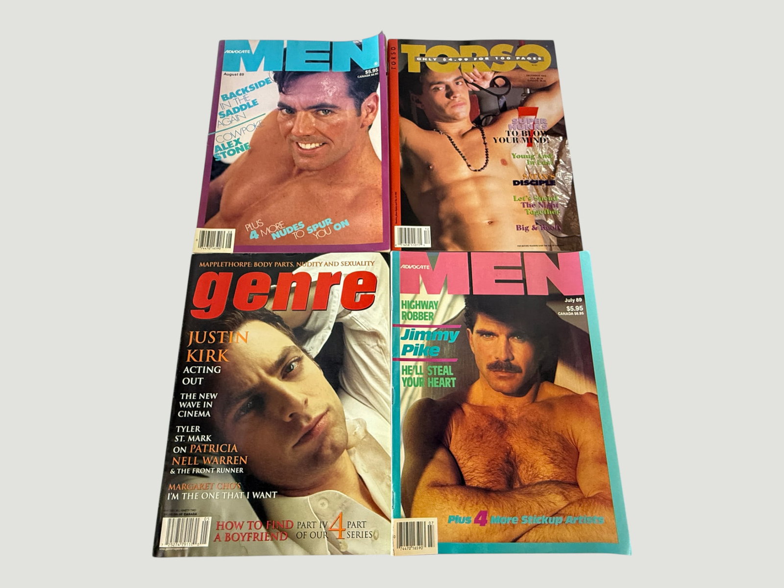 Vintage Gay Interest Magazines x4: Advocate Men (x2), Torso & Genre, 1989–90s: A collection of four vintage gay interest magazines comprising two issues of Advocate Men (July 1989 and August 1989, $5.95 cover price each), one issue of Torso magazine (December 1992, featuring 100