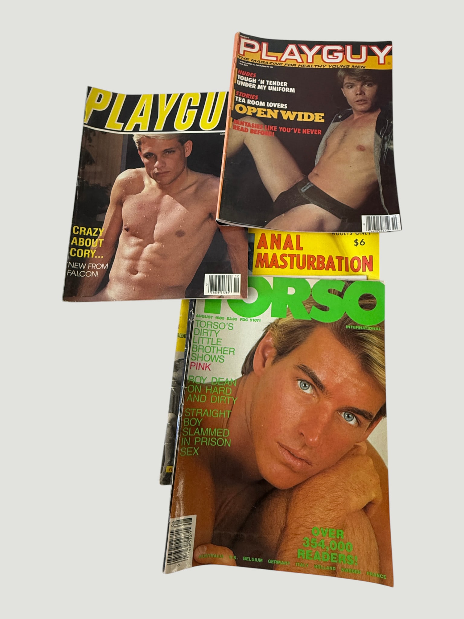 Vintage Gay Adult Magazines Collection: Playguy, Stroke, Bound to Serve, c.1980s: A collection of four vintage gay adult magazines from the 1980s, comprising: Playguy (August issue, featuring '6 Mouth-Watering Men' and summer themed content); Stroke: For Men of Action (Vol. 1, No. 