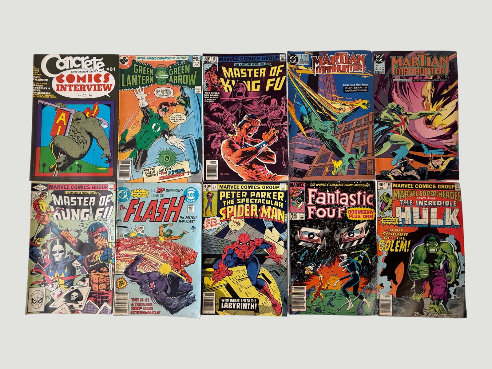 10 Vintage Comics: Marvel & DC Mixed Lot incl. Hulk, Spider-Man, Flash, Kung Fu (1 of 2)