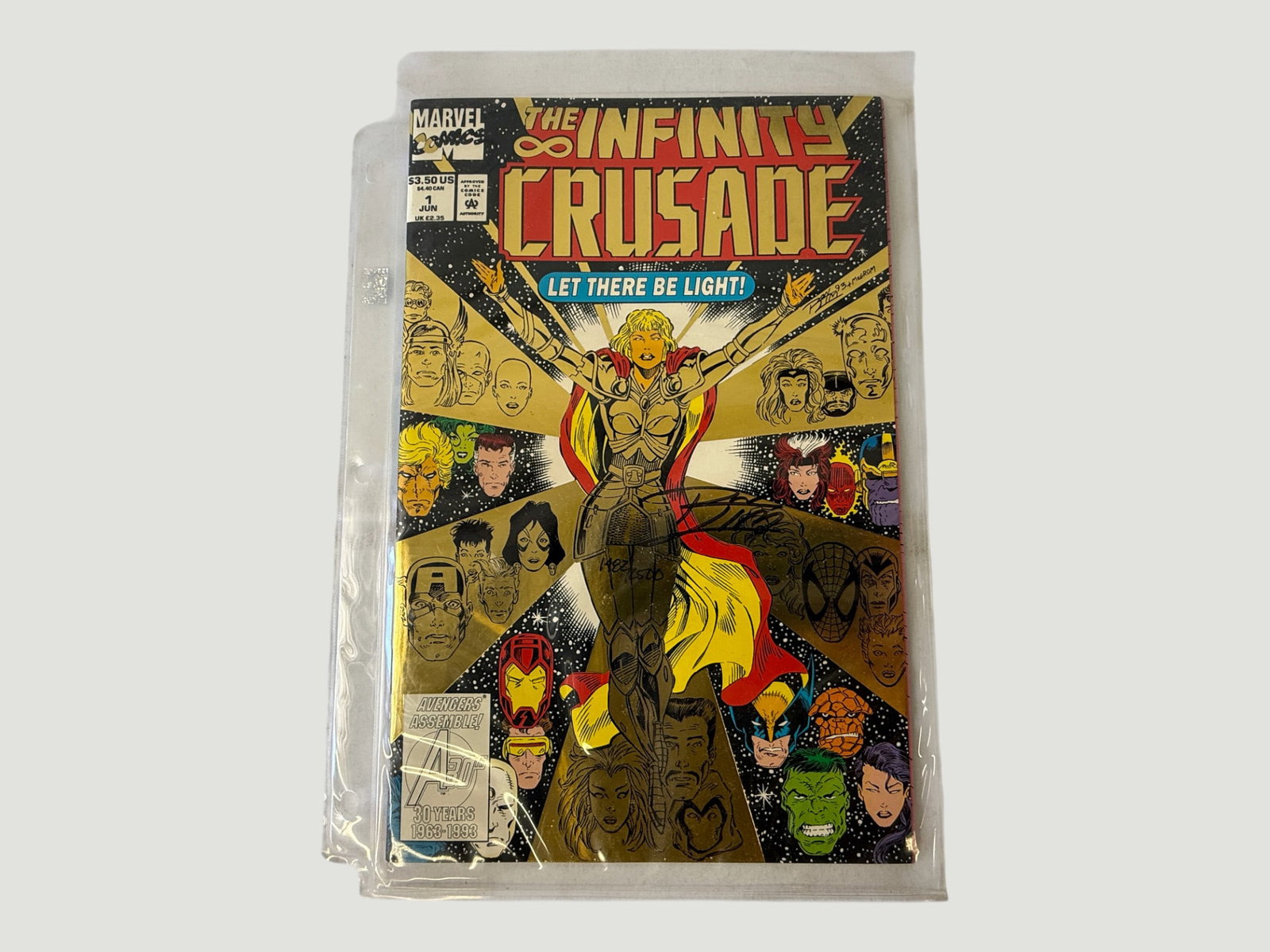 Marvel Comics The Infinity Crusade #1 (June 1993) Gold Foil Cover, Signed: Marvel Comics 'The Infinity Crusade' Issue #1, published June 1993, featuring the iconic gold foil embossed cover with the tagline 'Let There Be Light!' This landmark crossover event comic was written