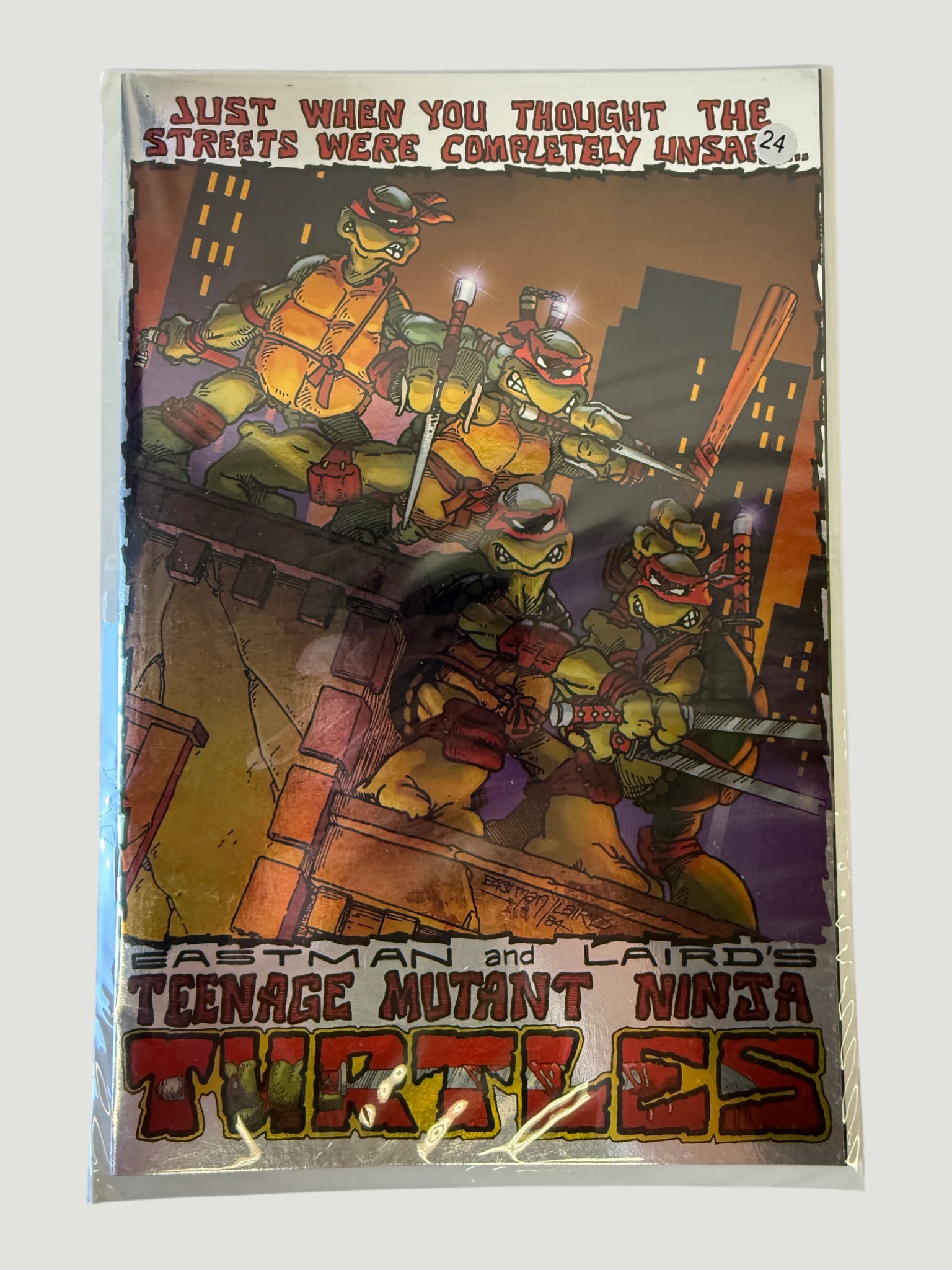 Eastman & Laird's Teenage Mutant Ninja Turtles #1 (Mirage Studios, 1984): A copy of the landmark first issue of Eastman and Laird's Teenage Mutant Ninja Turtles, originally published by Mirage Studios in 1984. This appears to be a later printing of the iconic debut issue, f