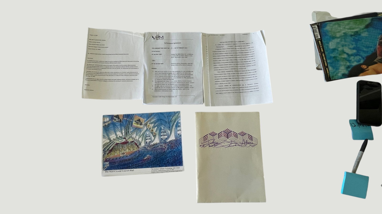 Michael Jackson MJJ Crystal Concert Hall Archive — Performance Agreement, NDA & Signed Folder: A remarkable archive of documents relating to Michael Jackson's proposed MJJ Crystal Concert Hall (The Michael Jackson Performing Arts Center), including a VPM Performance Agreement dated February 201