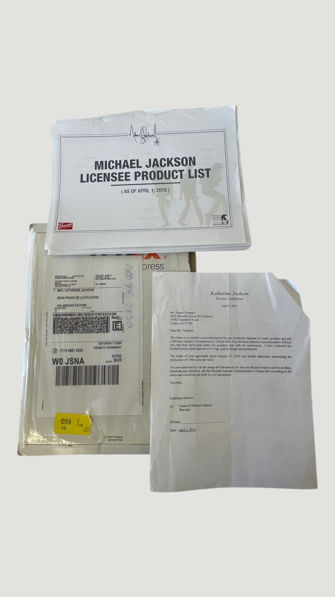 Katherine Jackson Signed Authorization Letter & Michael Jackson Licensee Product List 2011: A collection of official Michael Jackson estate documents including a signed authorization letter dated April 2, 2011, written on Katherine Jackson's personal letterhead from Encino, California, autho
