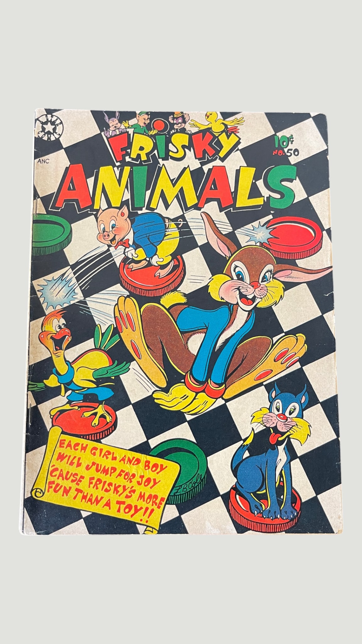 Frisky Animals #50 Golden Age Comic, Star Publications, 10 Cent Cover: Frisky Animals #50 is a Golden Age funny animal comic published by Star Publications, priced at 10 cents, placing its publication in the early 1950s. The cover features vibrant artwork of anthropomorp