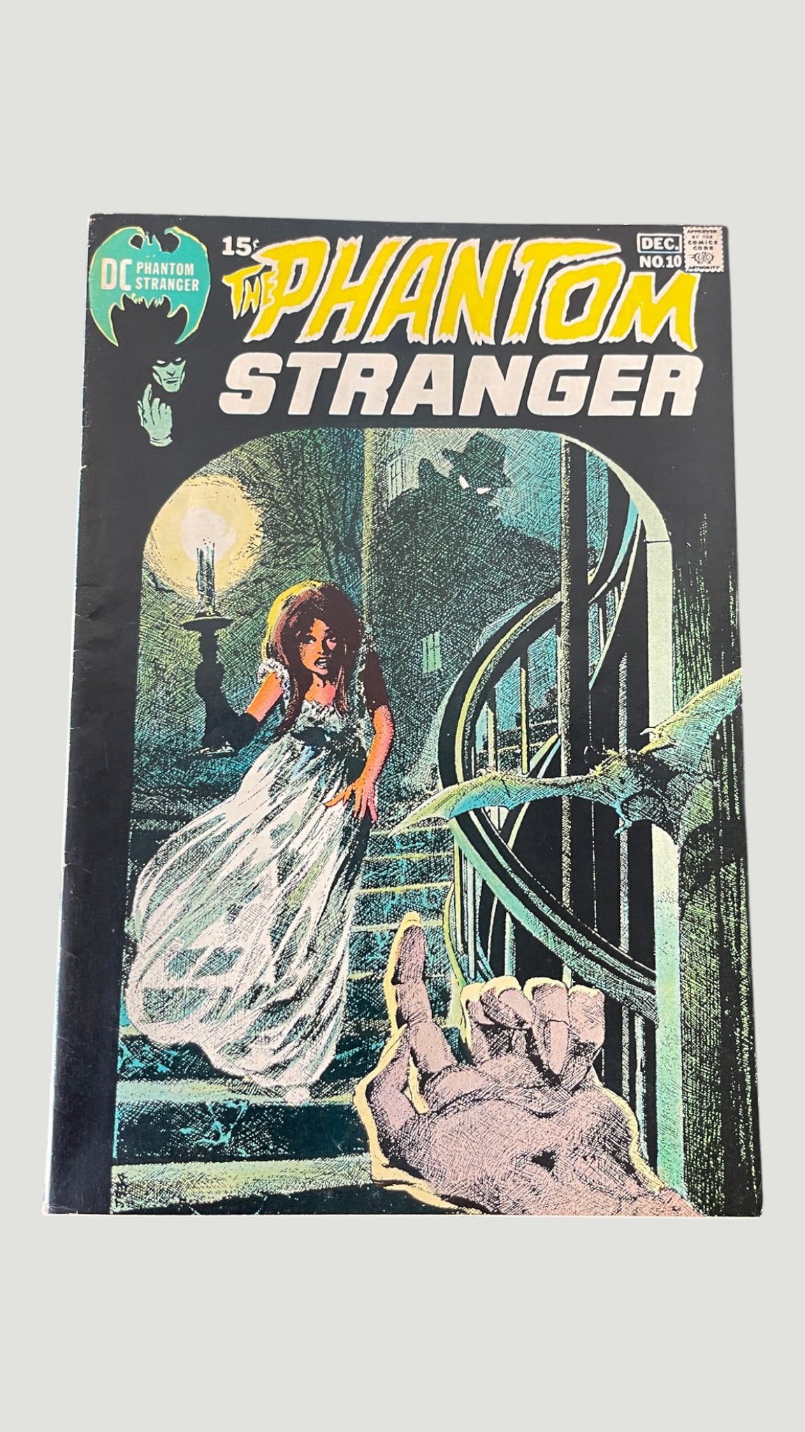 DC Comics The Phantom Stranger #10, December 1971, Bronze Age Horror: The Phantom Stranger #10, published by DC Comics, dated December 1971, priced at 15 cents. This Bronze Age horror/mystery title features a striking gothic cover depicting a woman in a white gown on a 