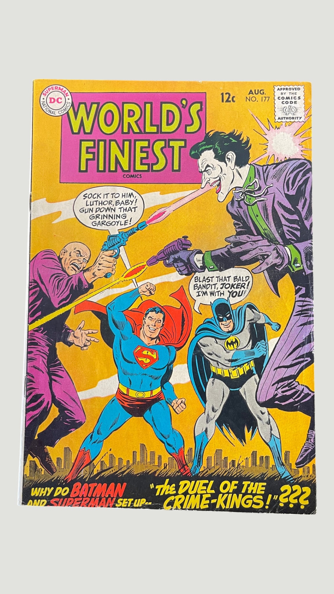 World's Finest Comics #177 DC 1968 Joker Luthor Duel of the Crime-Kings: World's Finest Comics #177, published by DC National Comics, cover dated August 1968, priced at 12 cents. This Silver Age issue features the story 'The Duel of the Crime-Kings!' in which Batman and Su