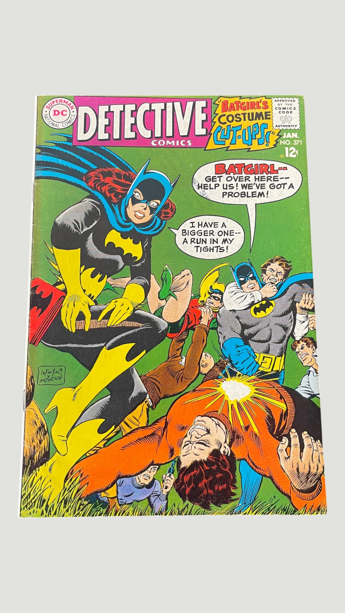 Detective Comics #371 DC 1968 Batgirl's Costume Cut-Ups Silver Age: Detective Comics #371, published by DC National Comics, January 1968, priced at 12 cents. This Silver Age issue features the story 'Batgirl's Costume Cut-Ups,' with cover art by Carmine Infantino and 