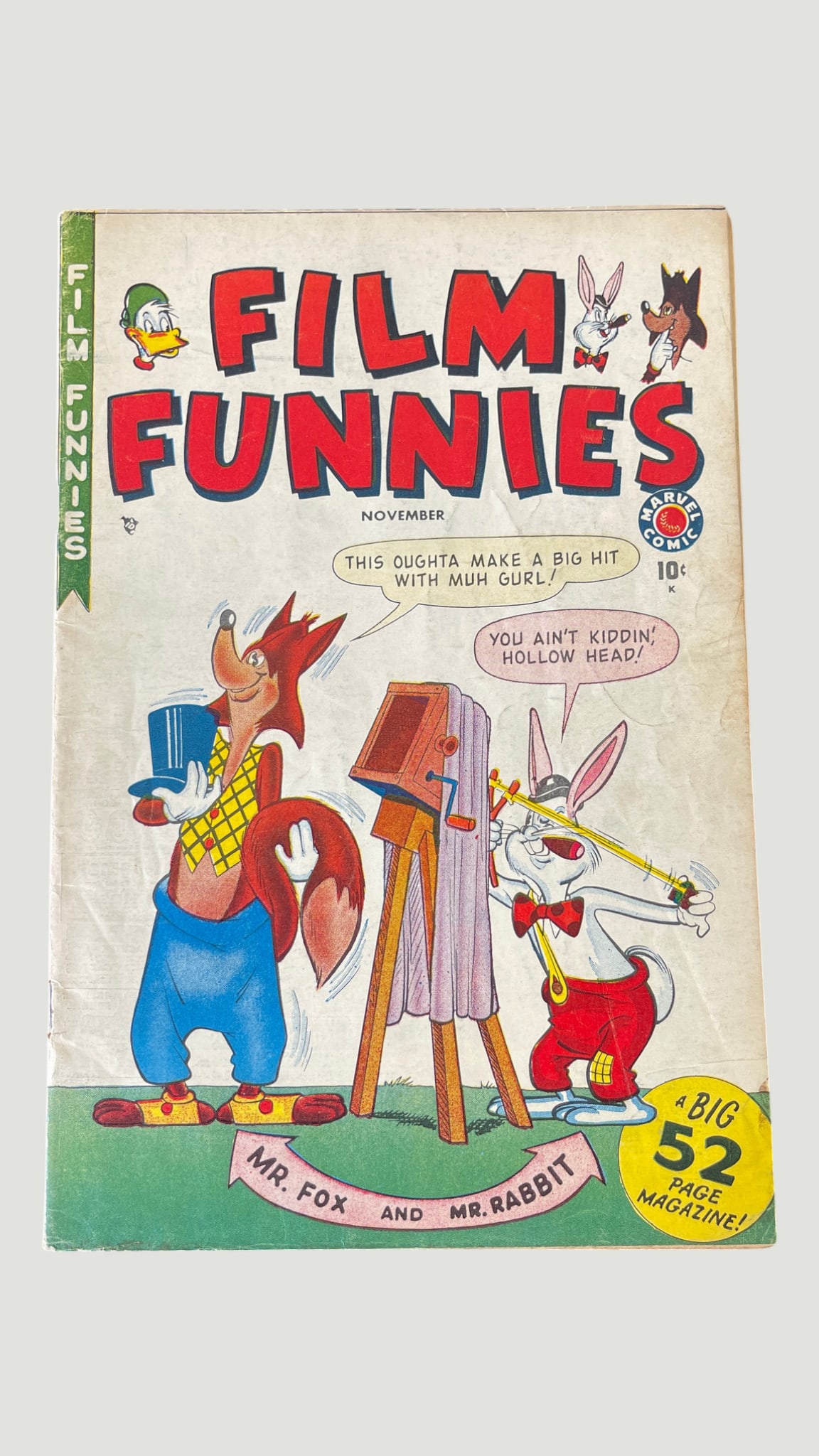 Film Funnies #1 Marvel Comic November 1949 Mr. Fox and Mr. Rabbit 52pg: Film Funnies #1, published by Marvel Comics (Timely), dated November 1949, featuring the characters Mr. Fox and Mr. Rabbit on the cover in a classic photography gag scene. This 52-page anthology comic