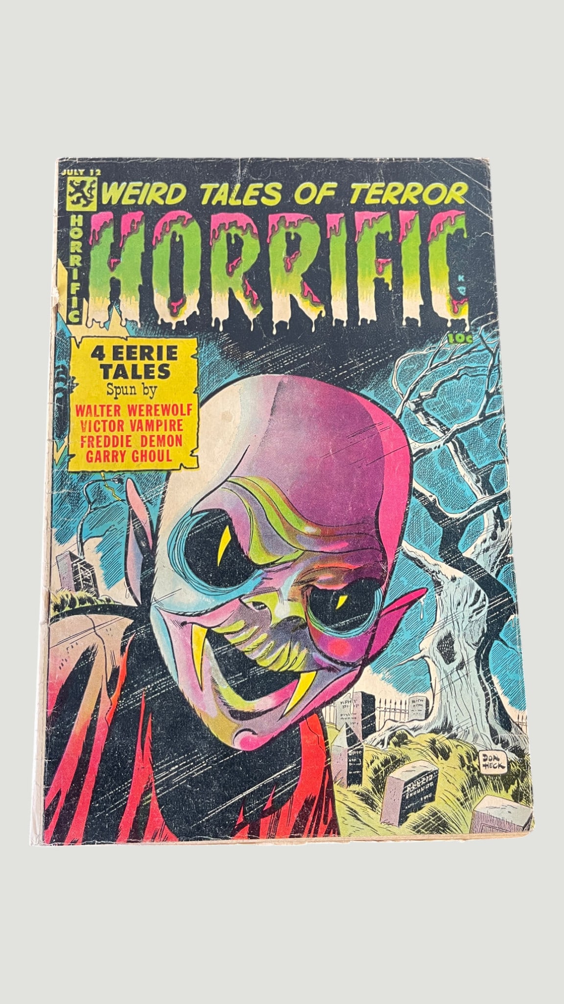 Horrific #12 'Weird Tales of Terror' Comic Book, Comic Media, July 1954: Horrific #12, published by Comic Media in July 1954, is a pre-Code horror anthology comic featuring four eerie tales narrated by host characters Walter Werewolf, Victor Vampire, Freddie Demon, and Gar