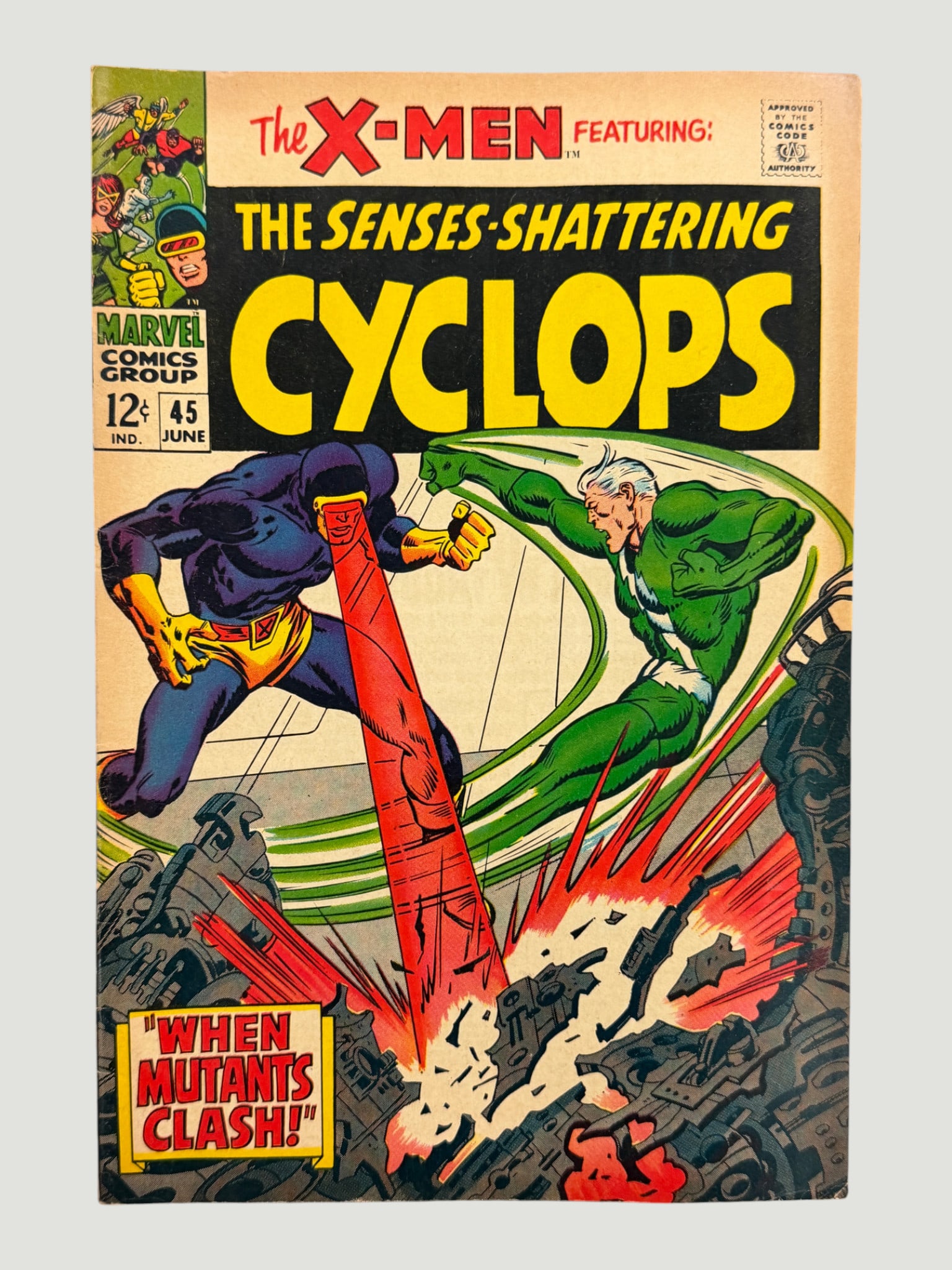 The X-Men #45 Marvel Comics June 1968 Cyclops vs Quicksilver Silver Age: The X-Men #45 (June 1968), published by Marvel Comics Group, priced at 12 cents. This Silver Age issue features 'The Senses-Shattering Cyclops' in a story titled 'When Mutants Clash!' depicting a dram