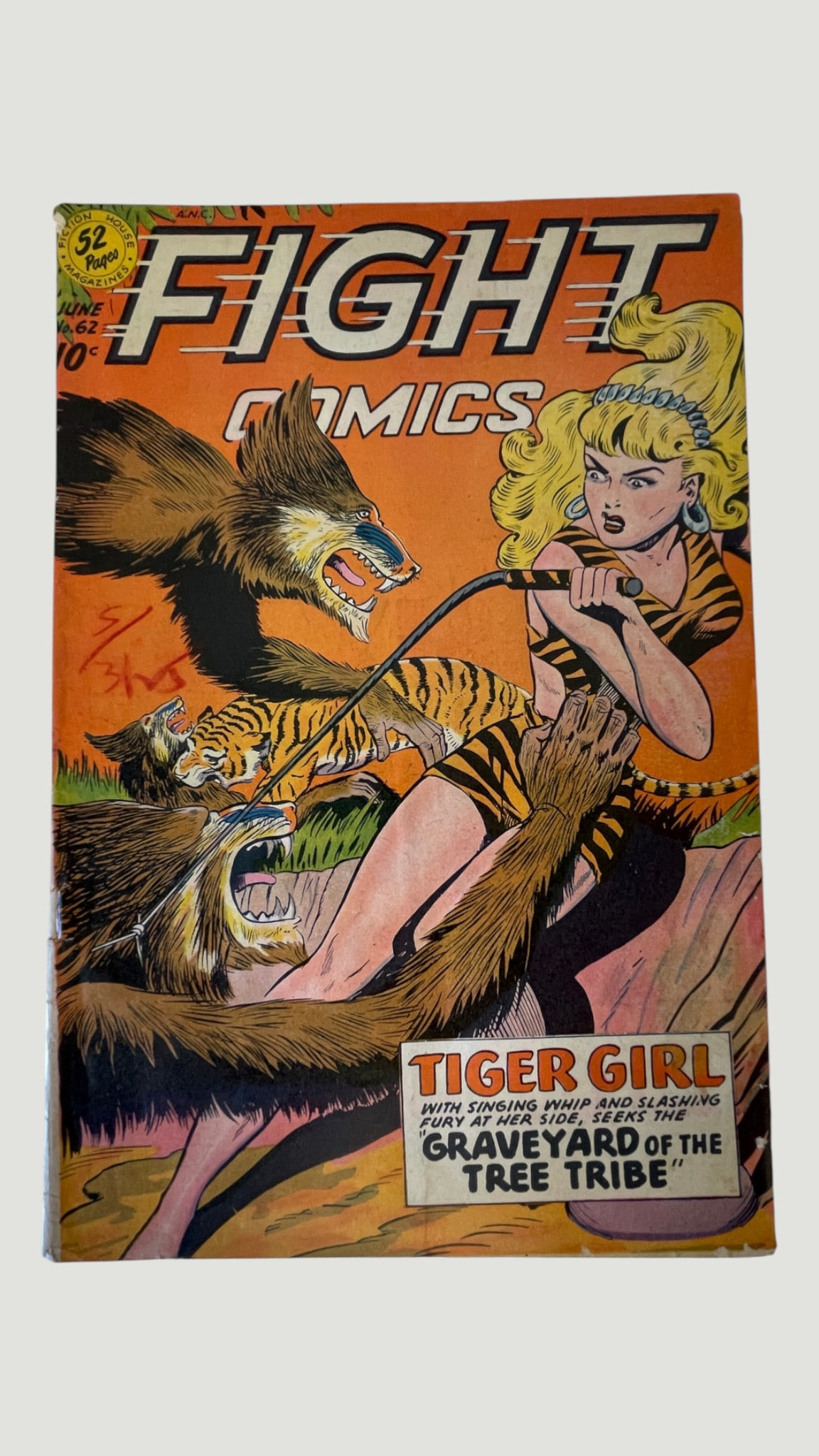 Fight Comics #62 (Fiction House, June 1949) Tiger Girl Cover: Fight Comics #62, published by Fiction House Magazines (Action House) in June 1949, featuring the iconic Tiger Girl character prominently on the cover in a dynamic scene with a tiger and bear. Priced 
