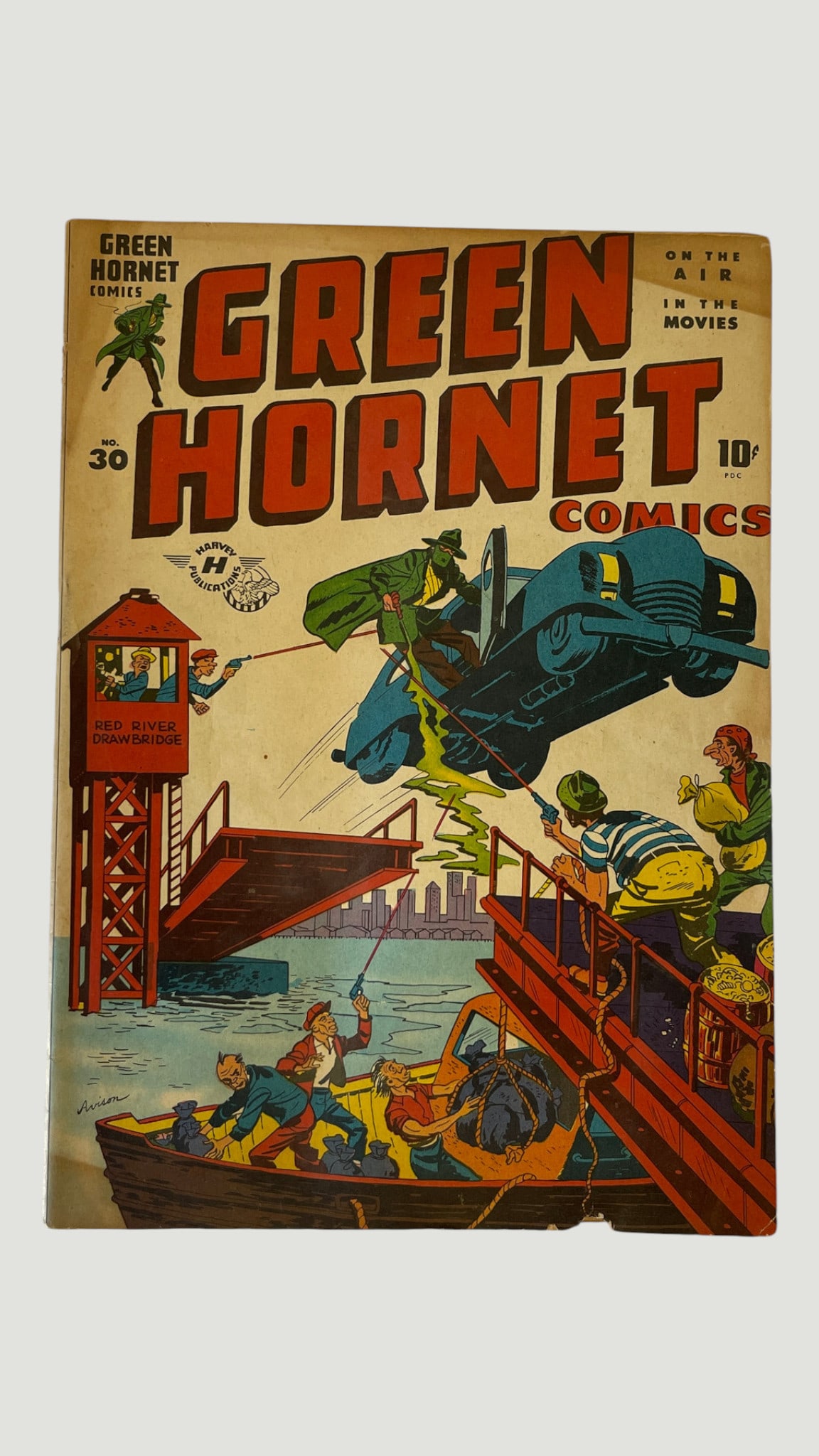 Green Hornet Comics #30, Harvey Publications, Golden Age: Green Hornet Comics issue #30, published by Harvey Publications during the Golden Age era of comics (approximately late 1940s), priced at 10 cents on the cover. The dynamic cover art depicts the Green