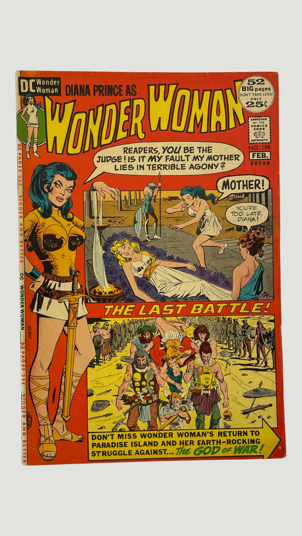DC Comics Wonder Woman #198 'Diana Prince as Wonder Woman' Feb 1972: Wonder Woman #198 published by DC Comics, dated February 1972, featuring the 'Diana Prince as Wonder Woman' era. This 52-page giant-sized issue (priced at 25 cents) features the story 'The Last Battle