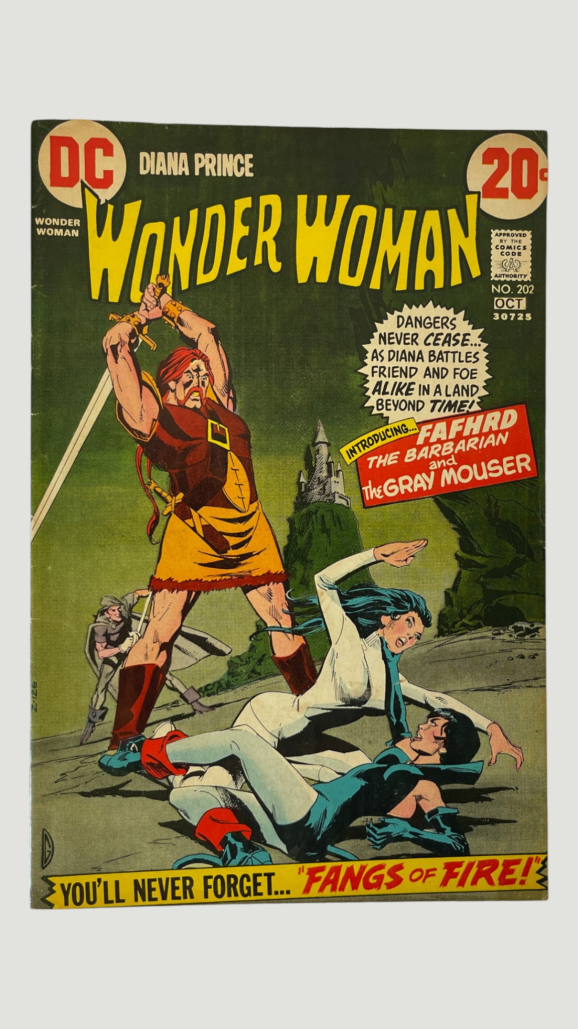 DC Comics Wonder Woman #202 Diana Prince 'Fangs of Fire' Oct 1973: Wonder Woman #202 published by DC Comics, cover dated October 1973, priced at 20 cents. This issue features Diana Prince as Wonder Woman in a story titled 'Fangs of Fire,' notably introducing Fafhrd t