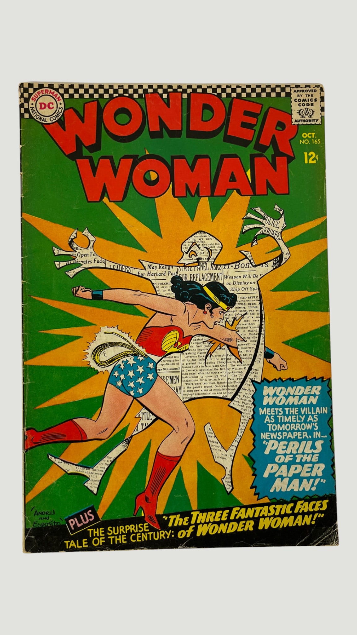 Wonder Woman #165 DC Comics Silver Age Oct 1966 'Perils of the Paper Man': Wonder Woman #165, published by DC Comics (Superman National Comics) in October 1966, priced at 12 cents. This Silver Age issue features the story 'Perils of the Paper Man!' along with the bonus tale 