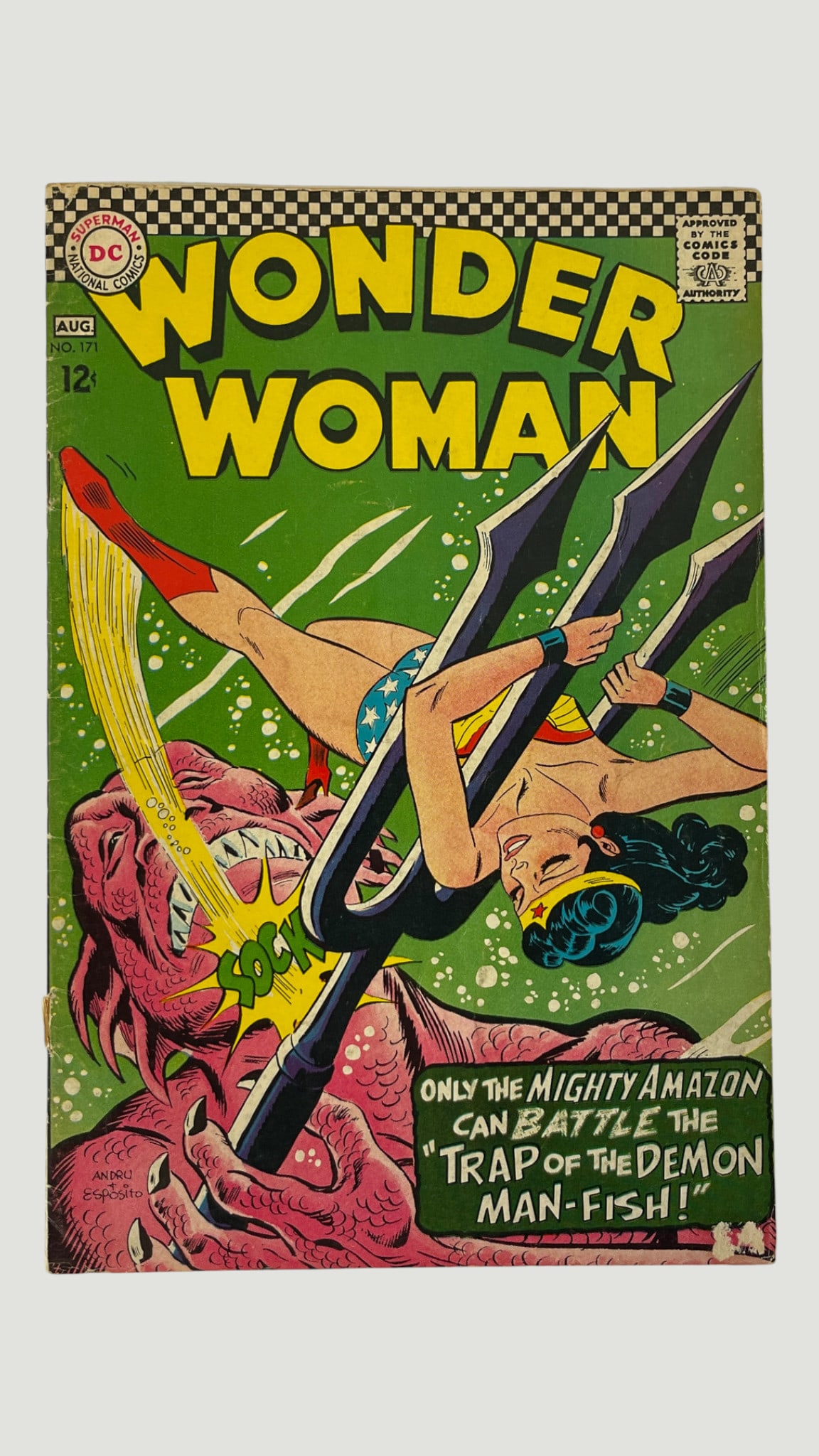 Wonder Woman #171 DC Comics Aug 1967 'Trap of the Demon Man-Fish' Andru/Esposito: Wonder Woman #171, published by DC National Comics, cover dated August 1967, priced at 12 cents. The cover features the iconic underwater battle scene 'Trap of the Demon Man-Fish,' with artwork by the