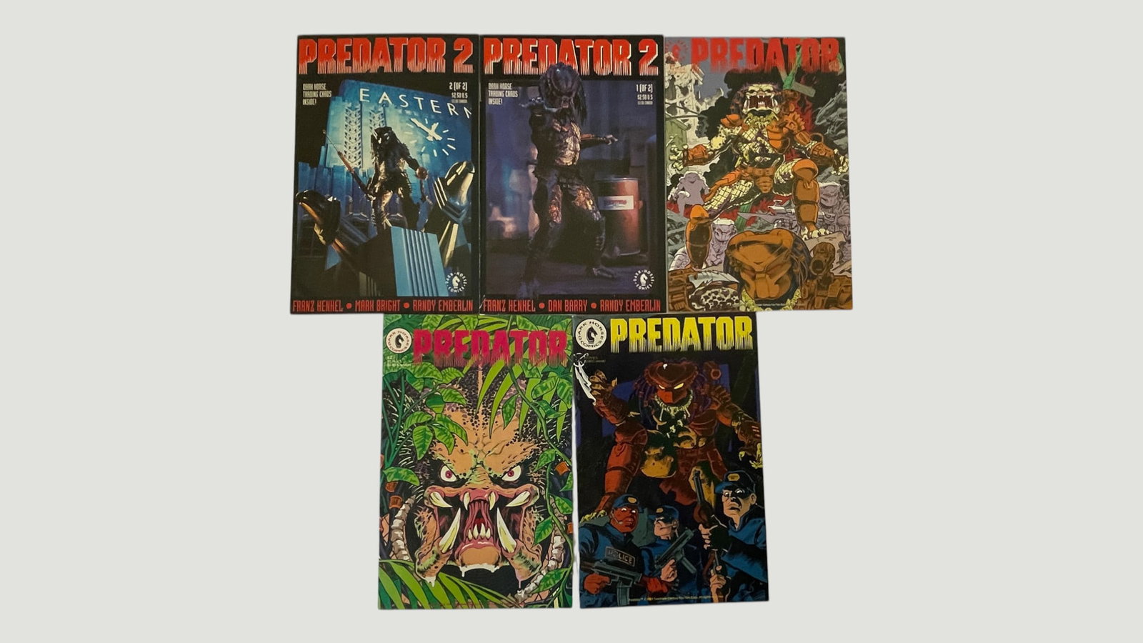 Dark Horse Comics Predator & Predator 2 Comic Book Lot x5, 1989-1991: A collection of five Dark Horse Comics Predator titles, including Predator 2 issues #1 (of 2) and #2 (of 2) adapted from the 1990 film, written by Franz Henkel with art by Dan Barry/Mark Bright and in