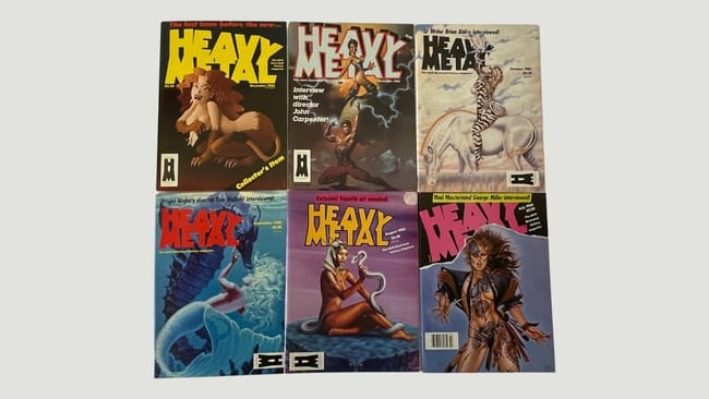 Heavy Metal Magazine 6-Issue Lot 1985 — July, Aug, Sep, Oct, Nov, Dec: A complete six-issue run of Heavy Metal Magazine from July through December 1985, featuring the iconic adult science fiction and fantasy anthology format. Covers feature striking fantasy artwork typic