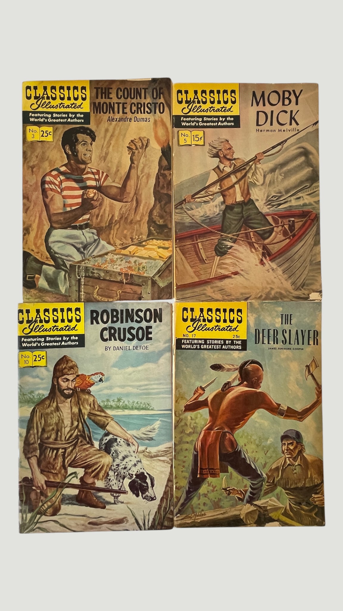Classics Illustrated Nos. 3, 5, 10 & 17 — Four Classic Literary Comics, Gilberton: A collection of four Classics Illustrated comic books published by Gilberton Company, featuring adaptations of celebrated literary works: No. 3 'The Count of Monte Cristo' by Alexandre Dumas (25¢ cov