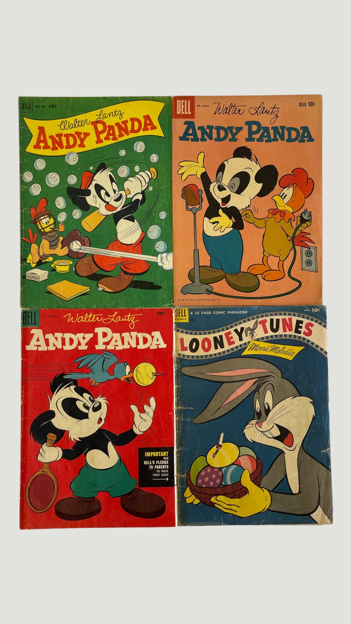 Dell Comics Lot: Walter Lantz Andy Panda (x3) & Looney Tunes Merrie Melodies (x4): A collection of four Dell Comics publications from the late 1940s to mid-1950s, comprising three issues of Walter Lantz's Andy Panda and one issue of Looney Tunes and Merrie Melodies featuring Bugs Bu