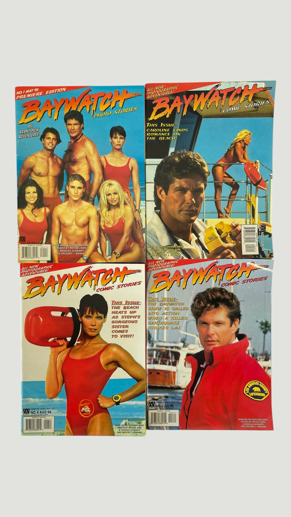Baywatch Comic Stories #1-4 Complete Run, Annex/Marvel 1996: A complete run of all four issues of Baywatch Comic Stories (also titled Baywatch Photo Stories for issue #1), published by Annex/Marvel Comics in 1996. Issue #1 is the Premiere Edition (May 1996), fo