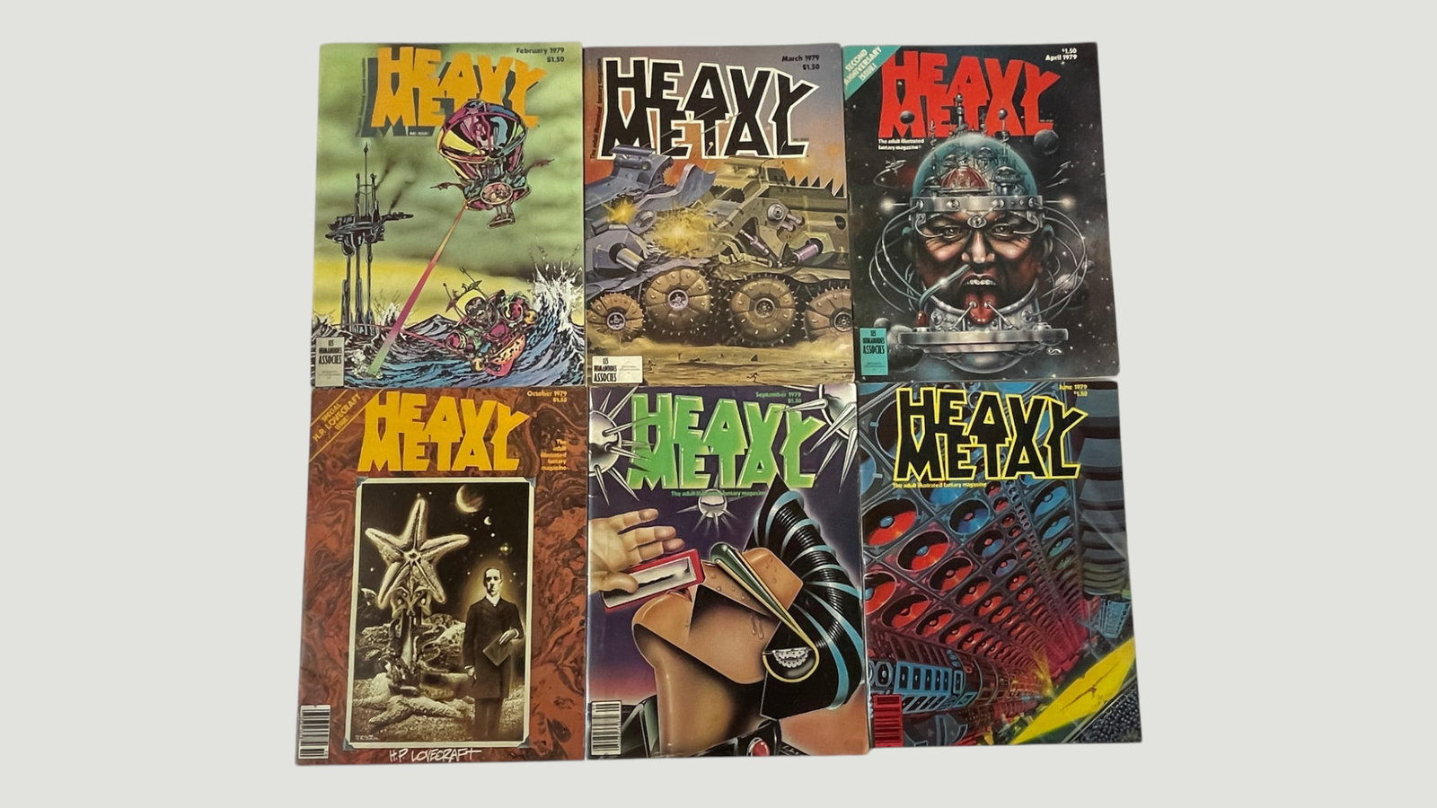 Heavy Metal Magazine 1979 Collection — 6 Issues (Feb, Mar, Apr, Jun, Sep, Oct): A collection of six issues of Heavy Metal, the iconic adult illustrated fantasy magazine published by HM Communications, all from 1979: February, March, April, June, September, and October. Each issue