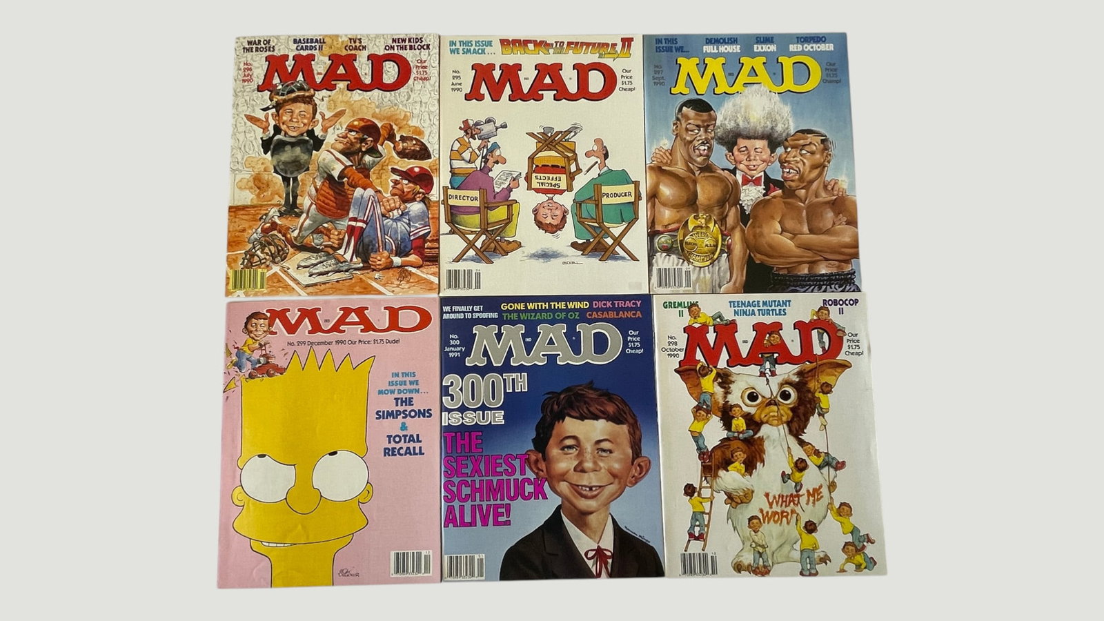 MAD Magazine Collection x6 Issues Nos. 295-300, EC Publications 1990-1991: A collection of six consecutive MAD Magazine issues numbered 295 through 300, published by EC Publications between 1990 and 1991, priced at $1.75 each at time of publication. Notable covers include No