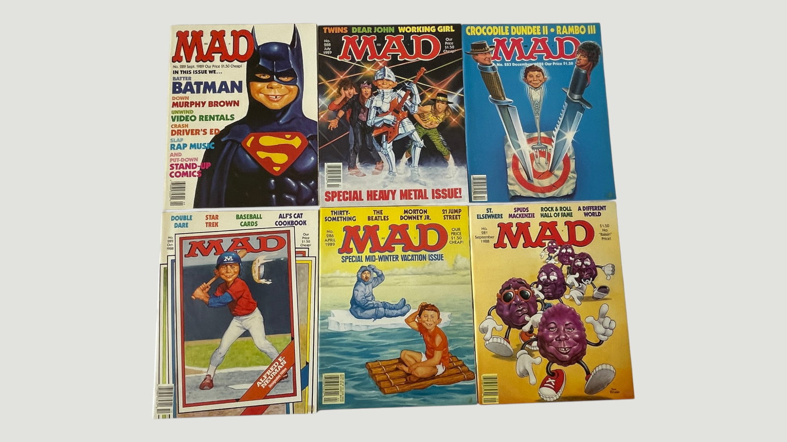 MAD Magazine Collection, 6 Issues, Nos. 281–289, EC Publications, 1988–1989: A collection of six issues of MAD Magazine published by EC Publications between 1988 and 1989, comprising issue numbers approximately 281, 283, 285, 286, 288, and 289. Cover subjects include Batman, a