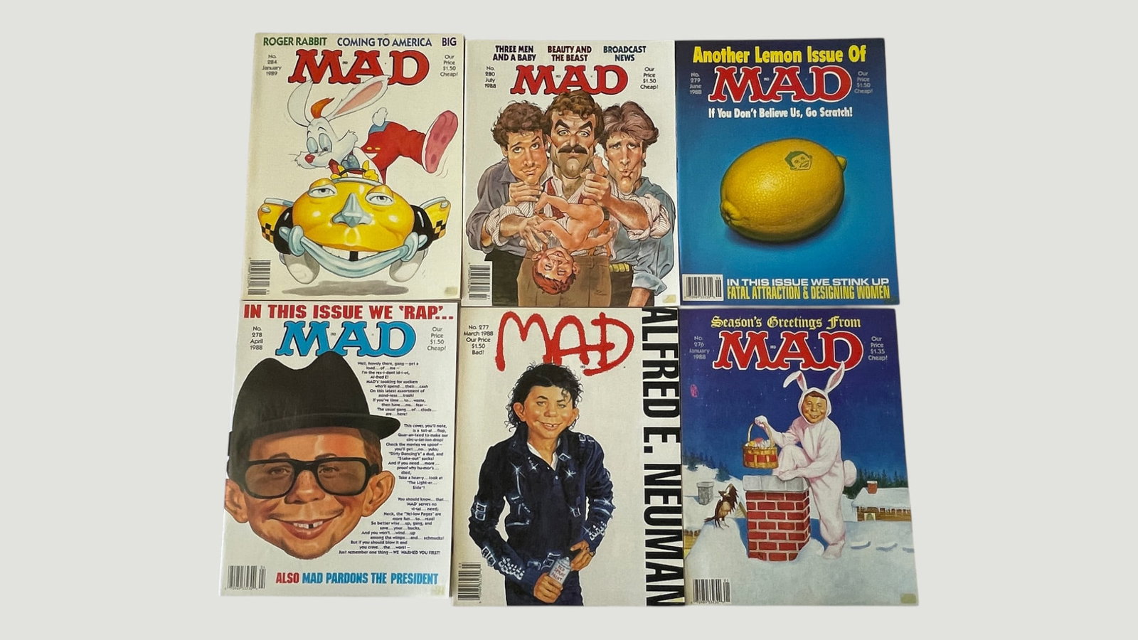 MAD Magazine Collection of 6 Issues, Nos. 276-284, EC Publications 1988-1989: A collection of six issues of MAD Magazine published by EC Publications, spanning January 1988 to January 1989, numbered approximately 276 through 284. Issues include notable covers featuring Roger