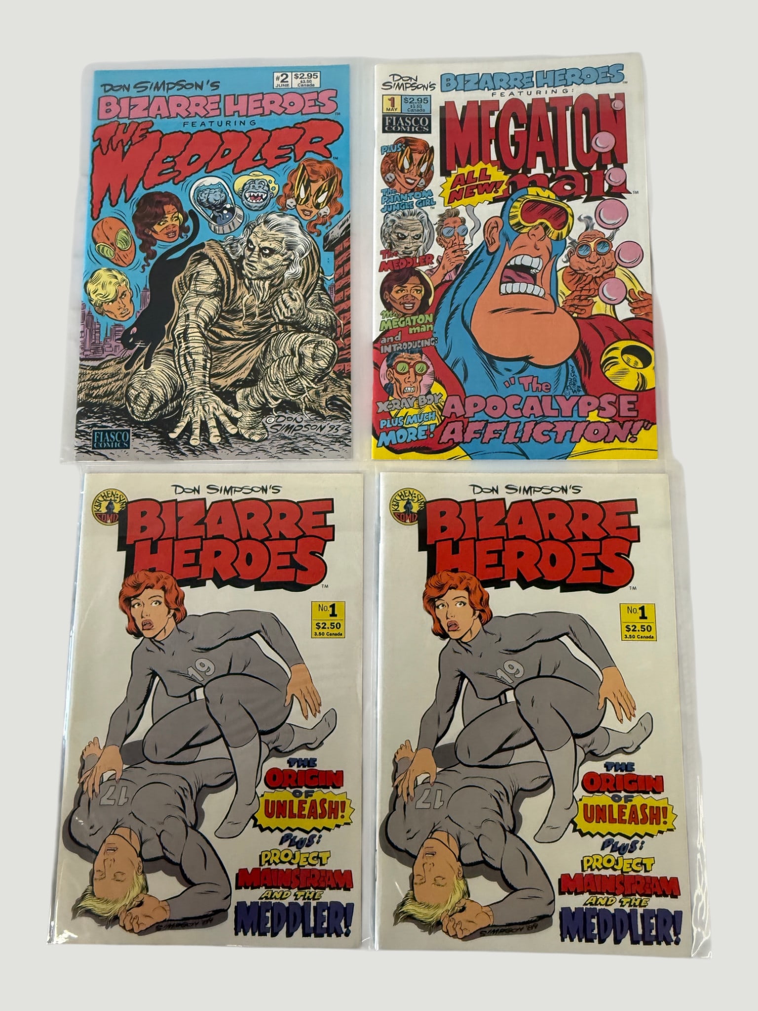 Don Simpson's Bizarre Heroes #1 (x2) & Fiasco Comics #1 & #2 — 1990s Lot (1 of 2)
