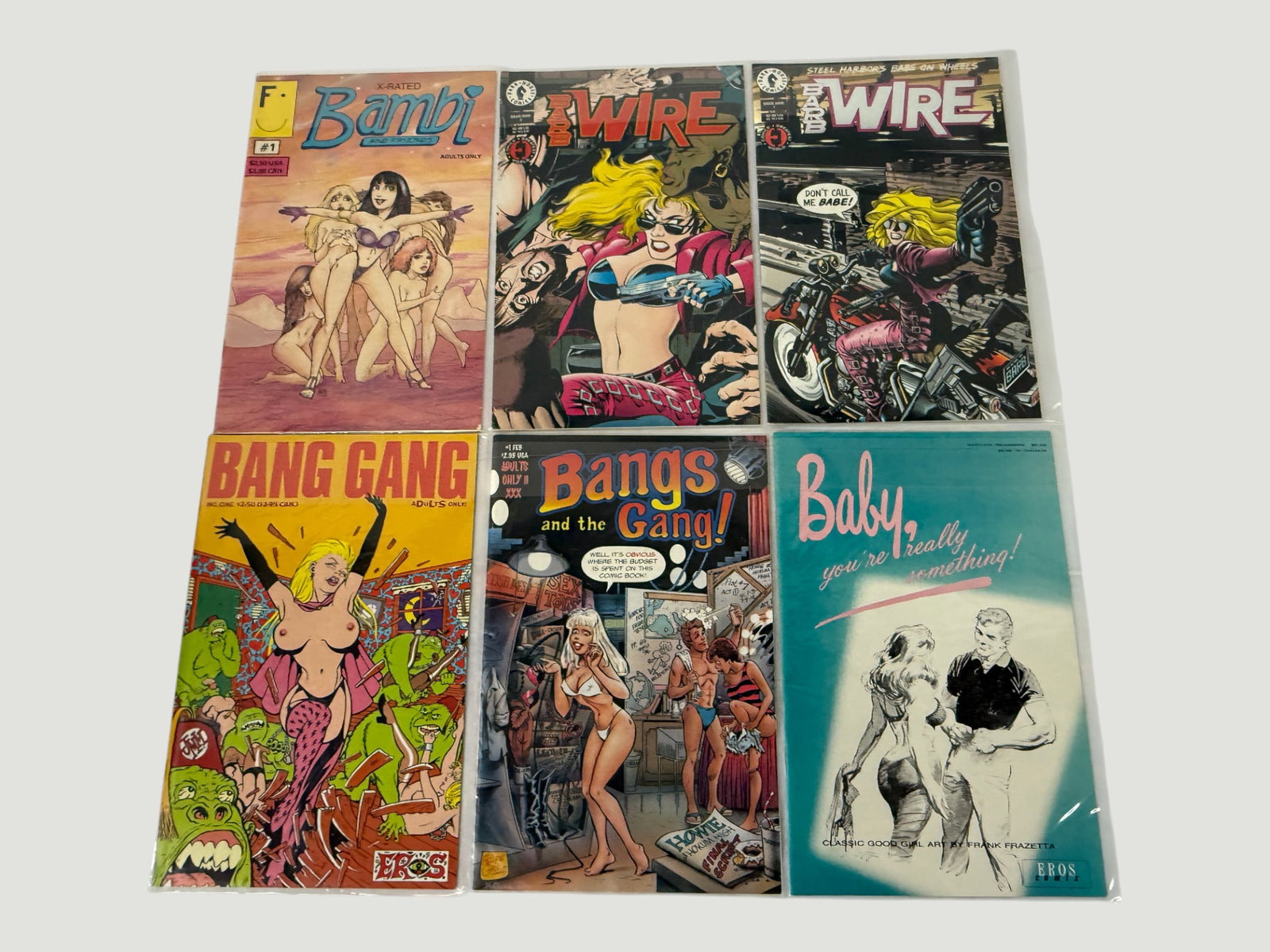 Adult Underground & Alternative Comics Lot x6 — Barb Wire, Bang Gang, Frazetta: A collection of six adult-oriented comic books from the early 1990s underground and alternative press market, including two issues of Dark Horse's 'Barb Wire' (Steel Harbor's Babe on Wheels), 'Bambi a