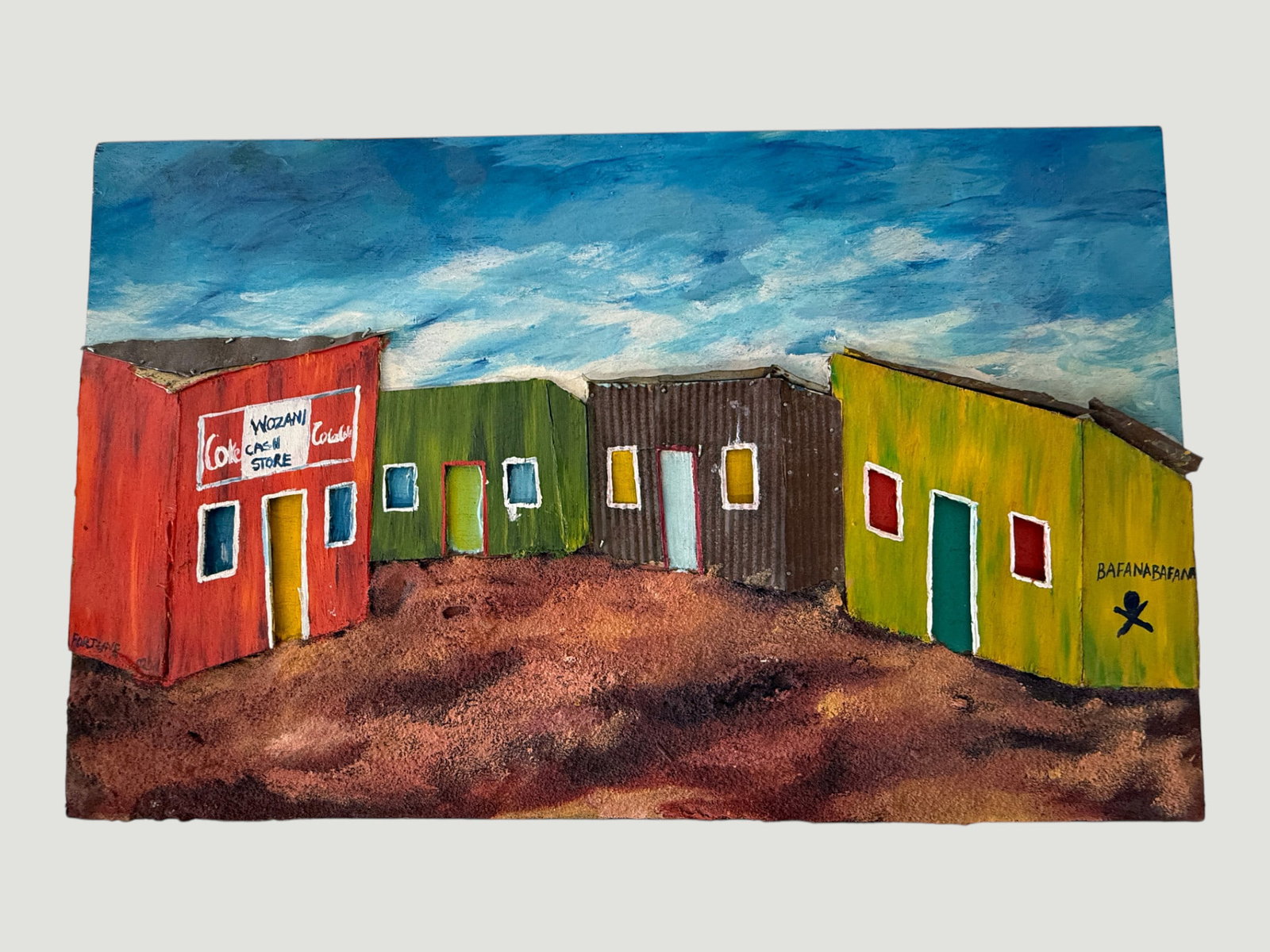South African Township Art, Mixed Media Painting, 'Wozani Cash Store & Bafana Bafana' (1 of 2)