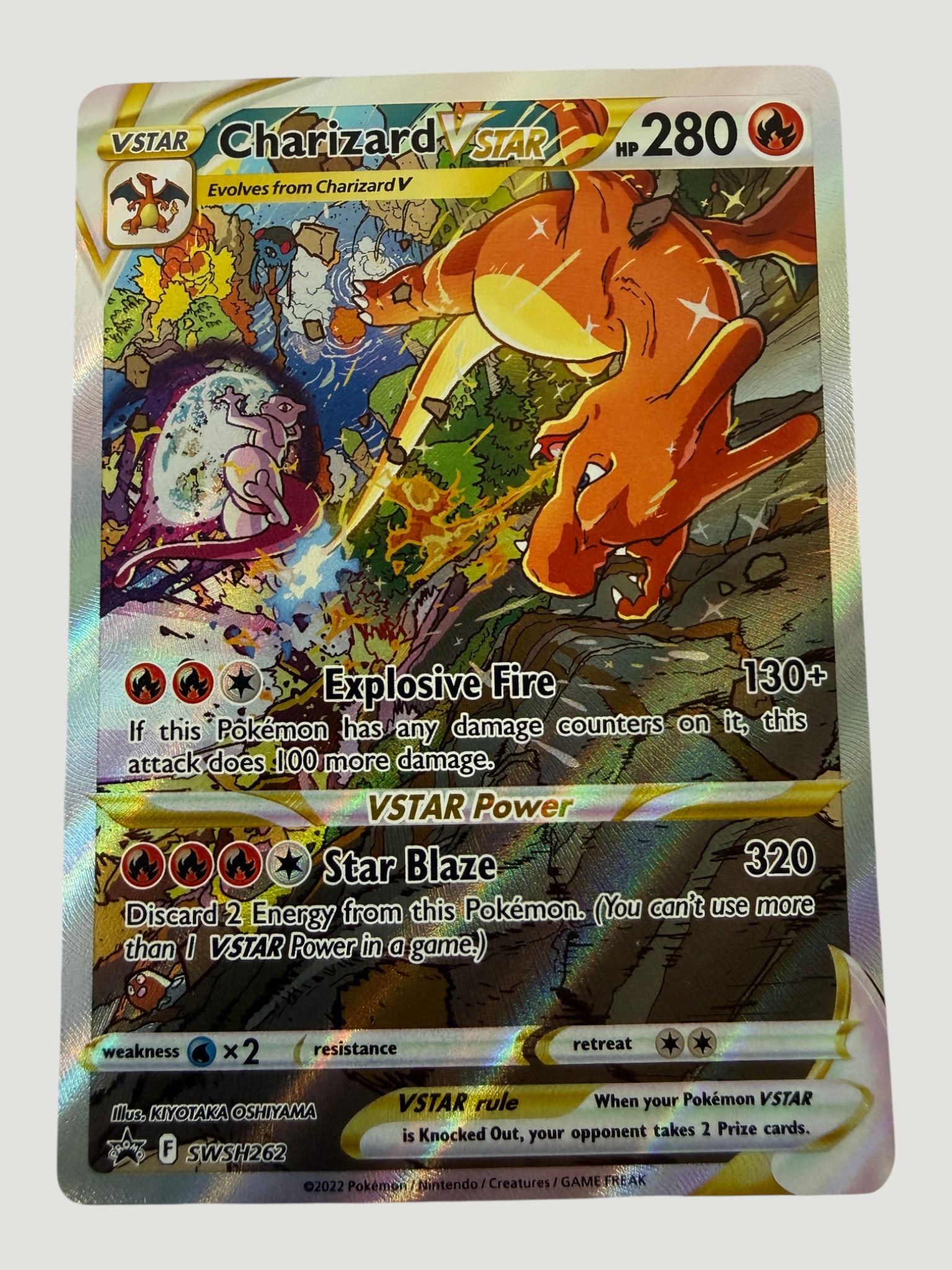 Pokémon TCG Charizard VSTAR Secret Rare Holo #SWSH262 (2022): Charizard VSTAR Secret Rare Full Art card numbered SWSH262, from the Pokémon Sword & Shield Black Star Promo series, published by The Pokémon Company / Nintendo in 2022. Illustrated by Kiyotaka Oshi