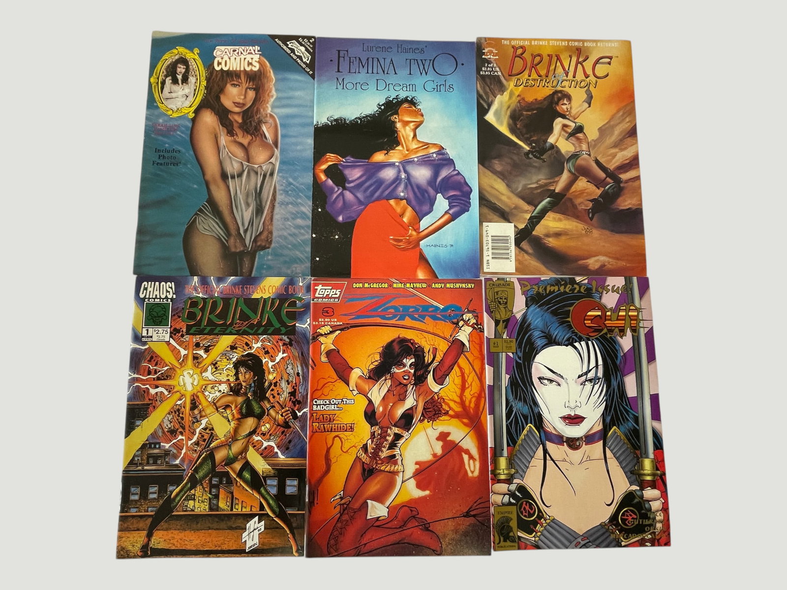 Lot of 6 Independent Comics: Brinke, Chi, Zorro, Femina Two — 1990s: A collection of six independent and small-press comics from the 1990s, featuring: Carnal Comics (photo feature edition), Lurene Haines' 'Femina Two: More Dream Girls', 'Brinke: Destruction' #3 (Chaos!