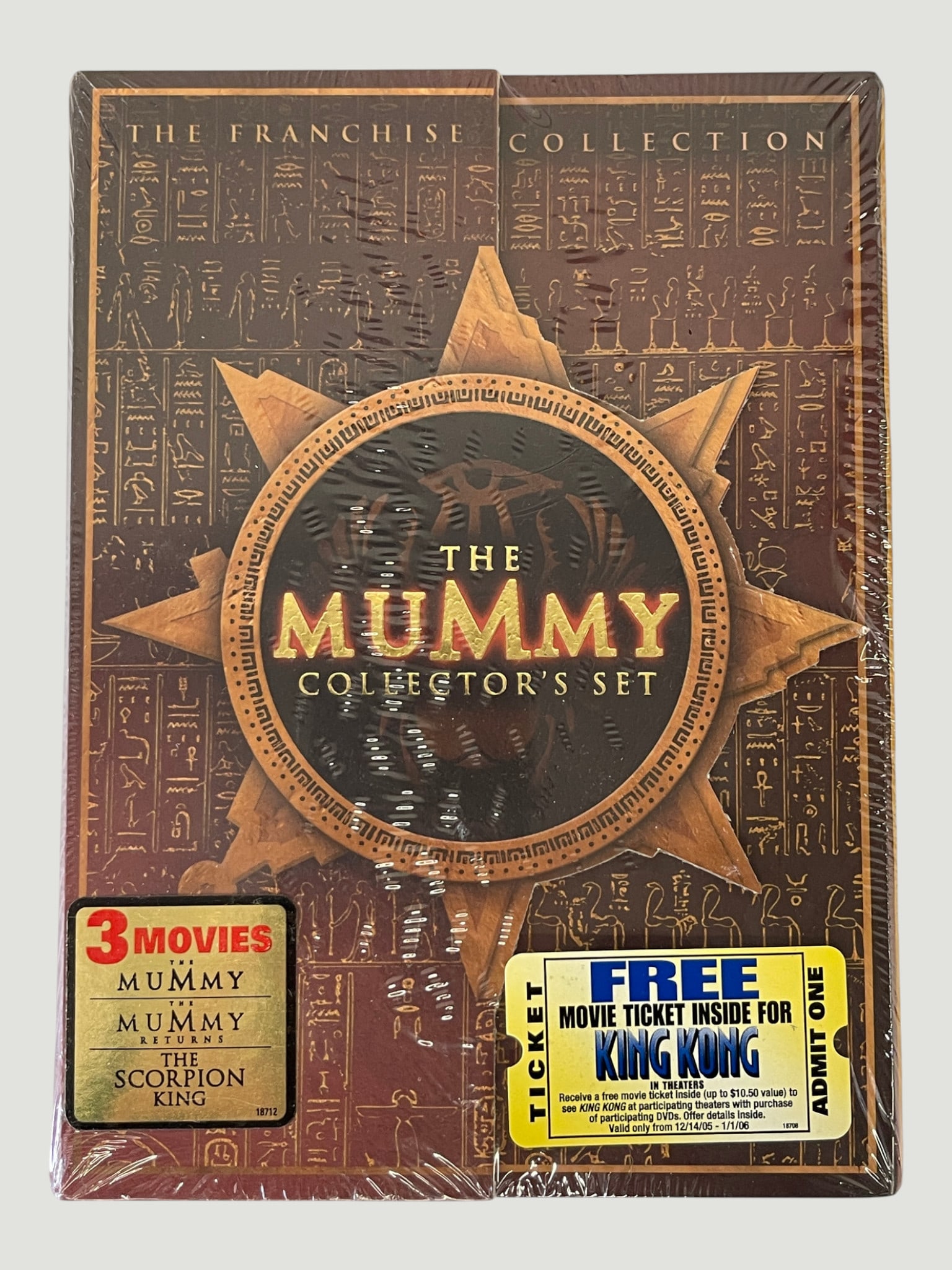 The Mummy Franchise Collection DVD Collector's Set - 3 Movies, Sealed: The Mummy Franchise Collection Collector's Set on DVD, containing three films: The Mummy, The Mummy Returns, and The Scorpion King. This is a factory-sealed set featuring an elaborate Egyptian-themed 